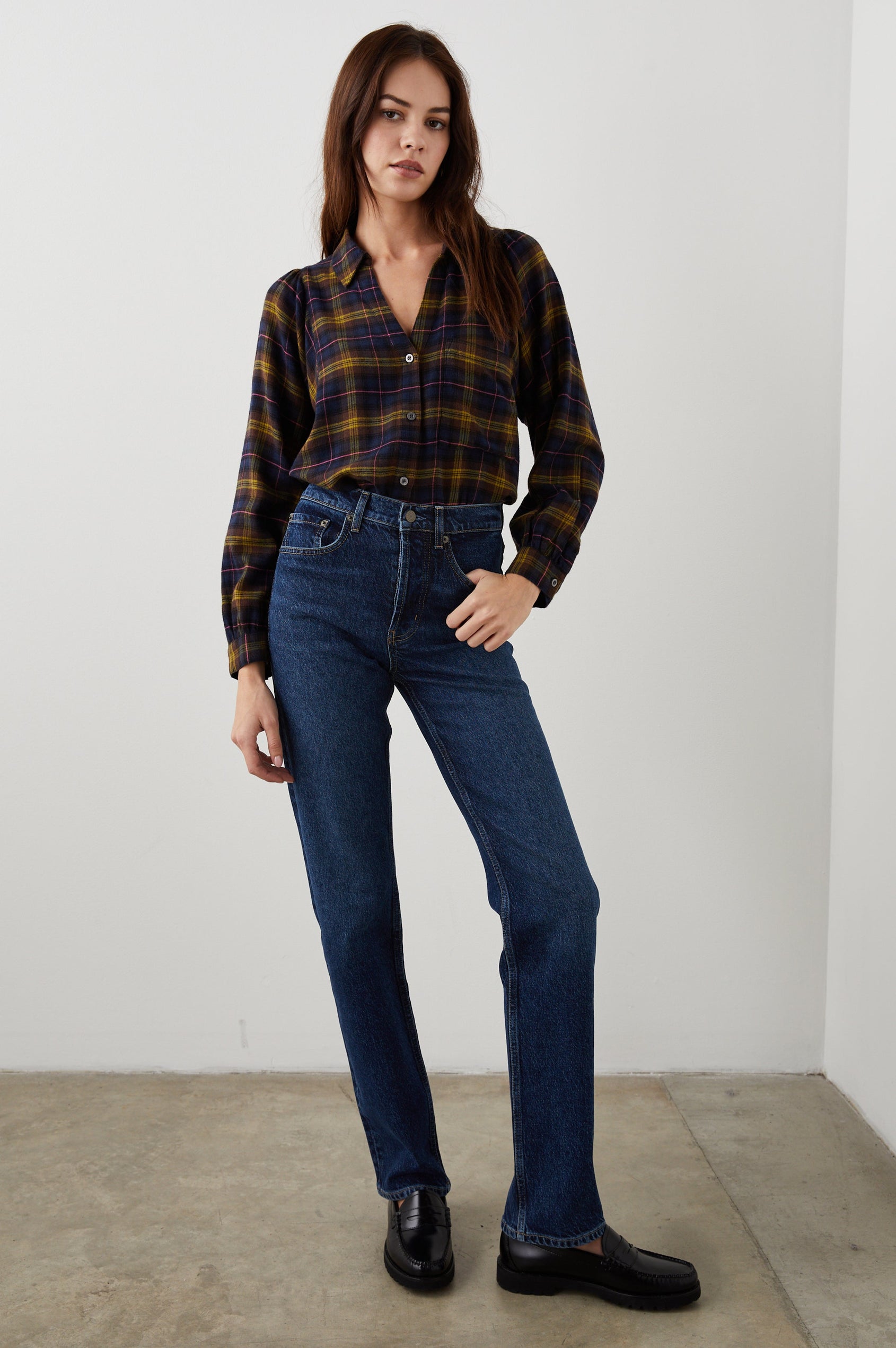 Lauren Long-Sleeve Button Up with Two Chest Patch Pockets and a V Neck in Navy Hazelnut Pink Colorway, a Plaid - Front Full Body View Featured on Model