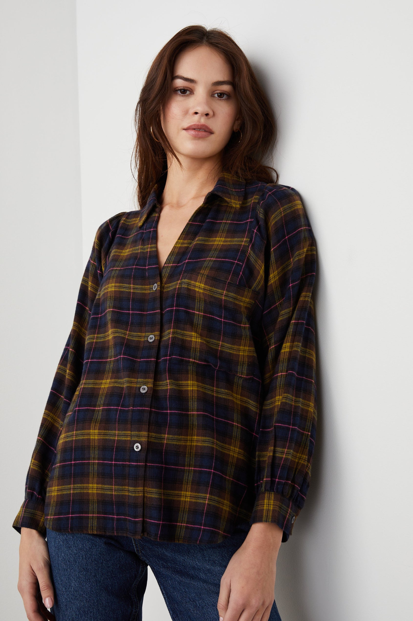 Lauren Long-Sleeve Button Up with Two Chest Patch Pockets and a V Neck in Navy Hazelnut Pink Colorway, a Plaid - Front View Featured on Model