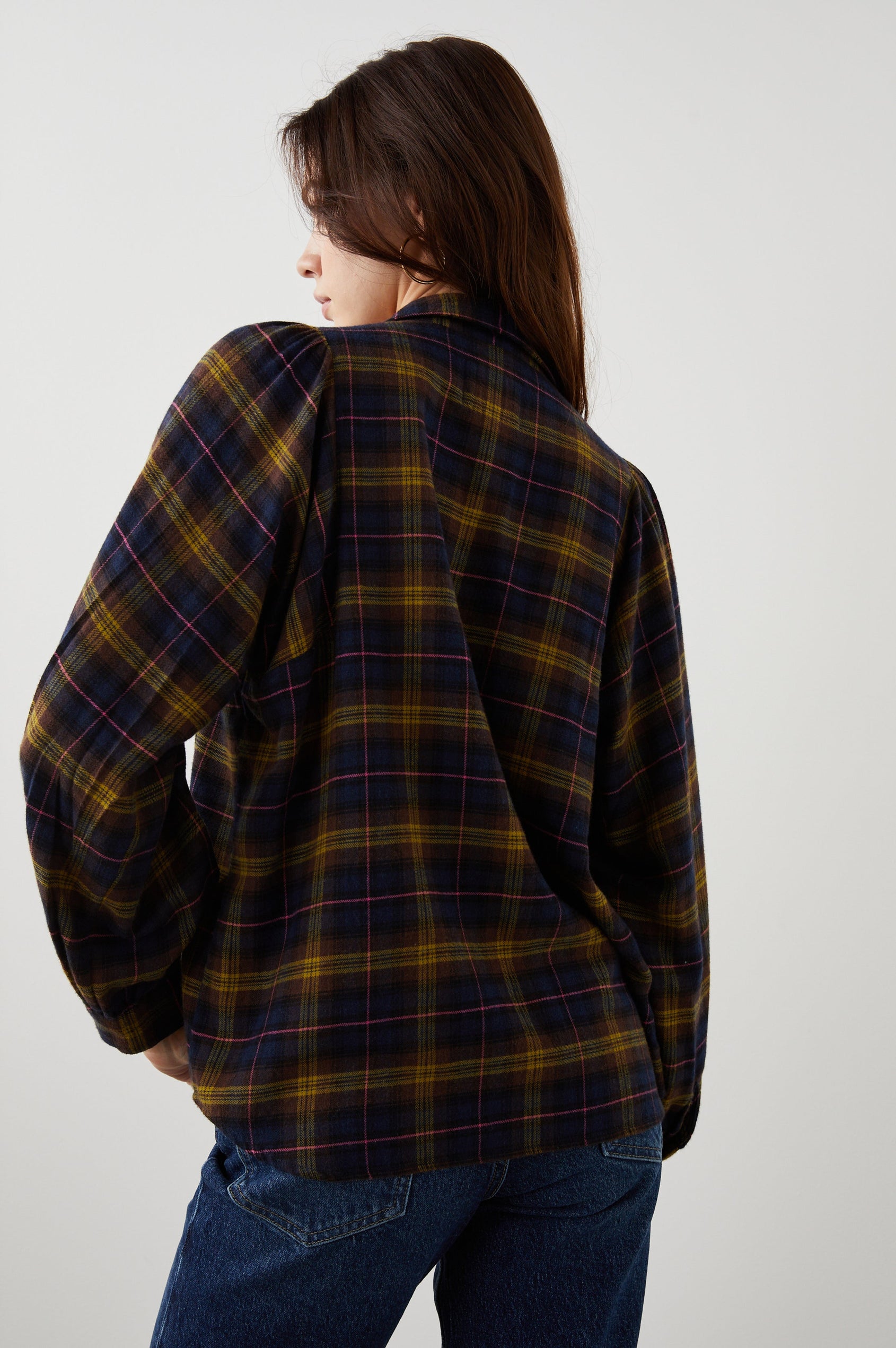 Lauren Long-Sleeve Button Up with Two Chest Patch Pockets and a V Neck in Navy Hazelnut Pink Colorway, a Plaid - Back View Featured on Model