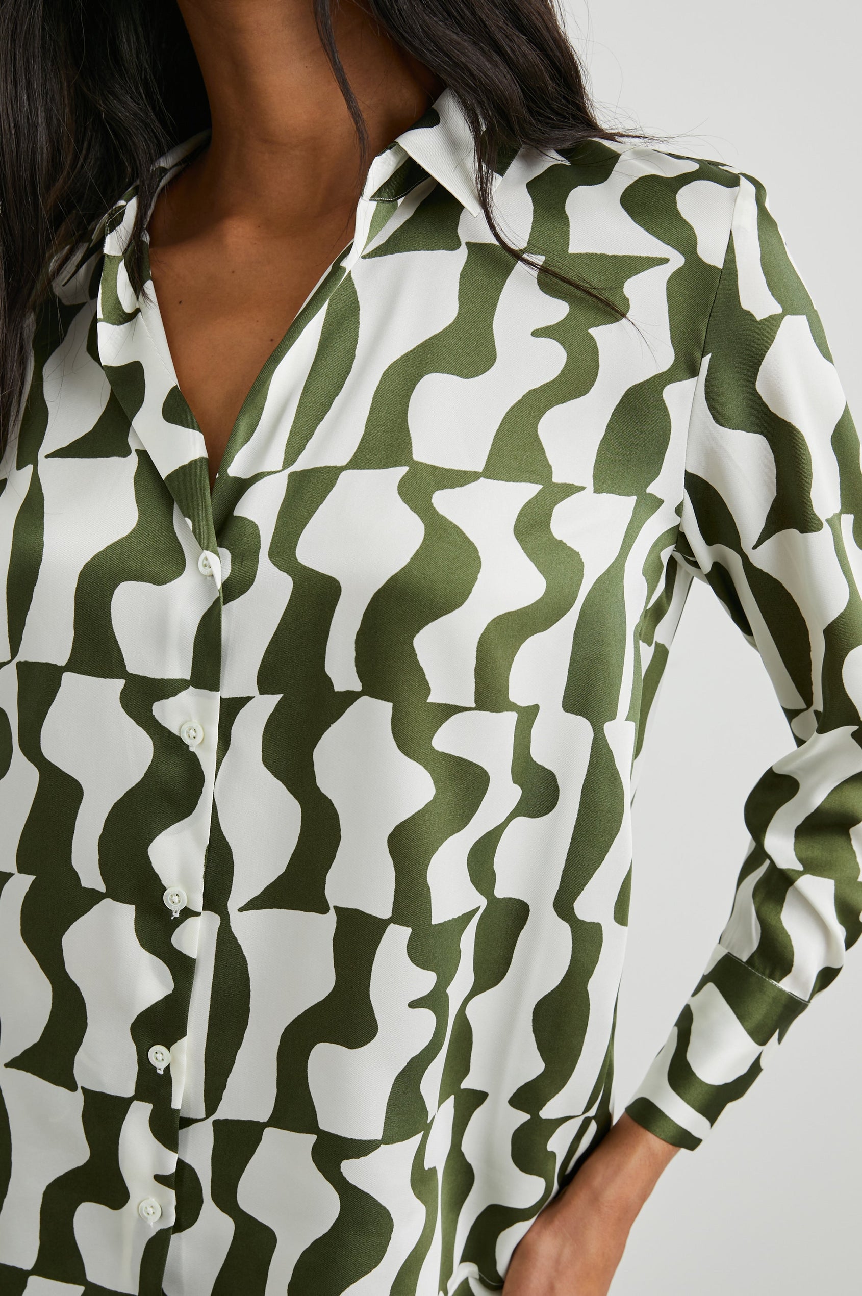 Ledger Long-Sleeve Button Down in Noto Colorway, an olive and white design - Front View Featured on Model