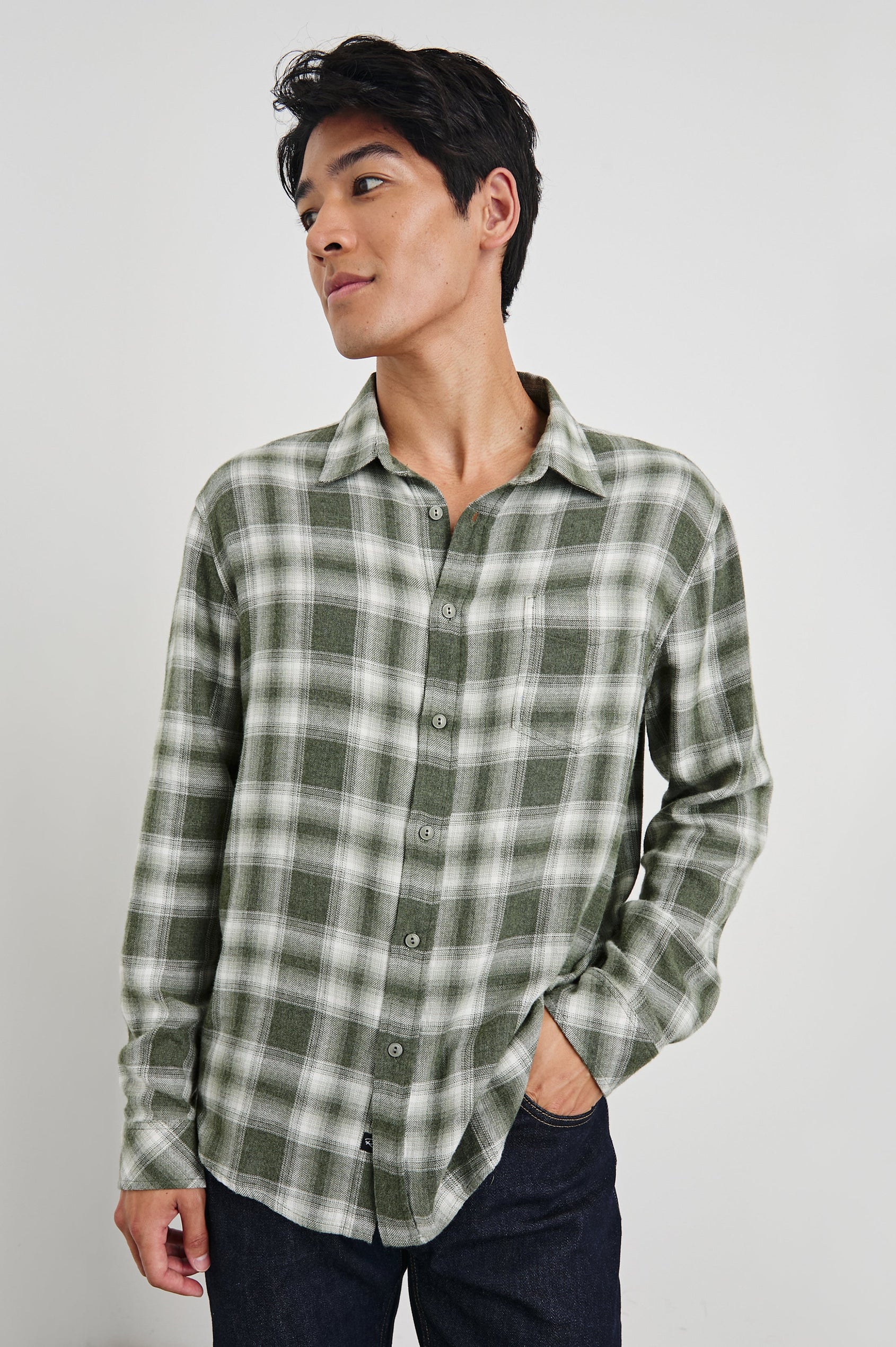 Lennox Long-Sleeve Button Up with a Chest Patch Pocket in Deep Meadow White Colorway, a plaid in Green and White - Front View Featured on Model
