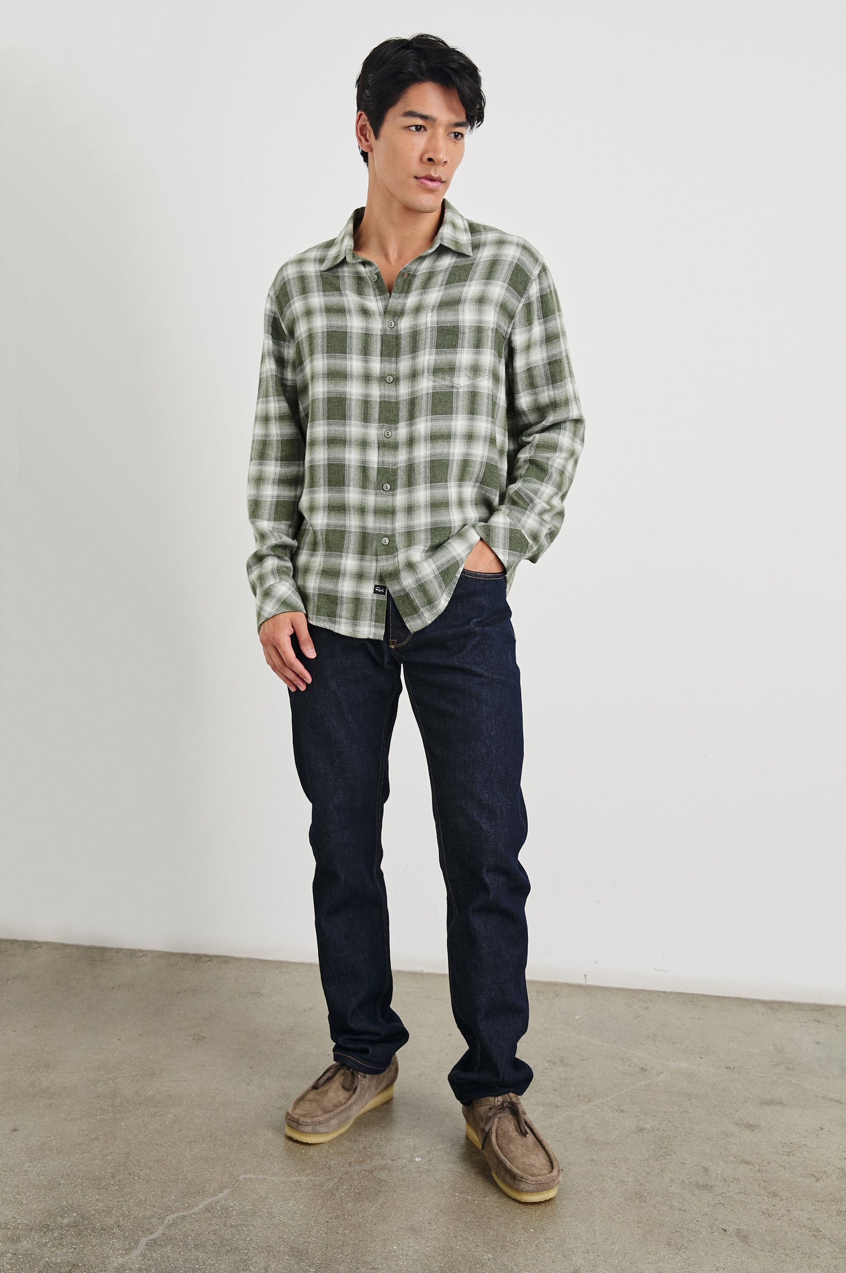 Lennox Long-Sleeve Button Up with a Chest Patch Pocket in Deep Meadow White Colorway, a plaid in Green and White - Front Full Body View Featured on Model