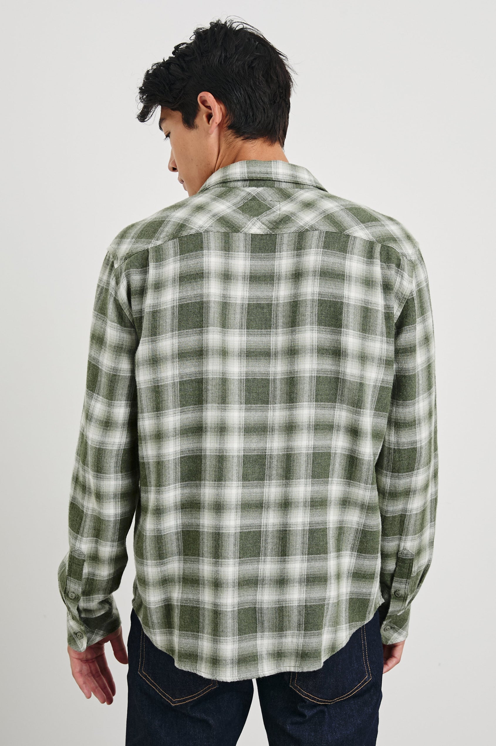 Lennox Long-Sleeve Button Up with a Chest Patch Pocket in Deep Meadow White Colorway, a plaid in Green and White - Back View Featured on Model