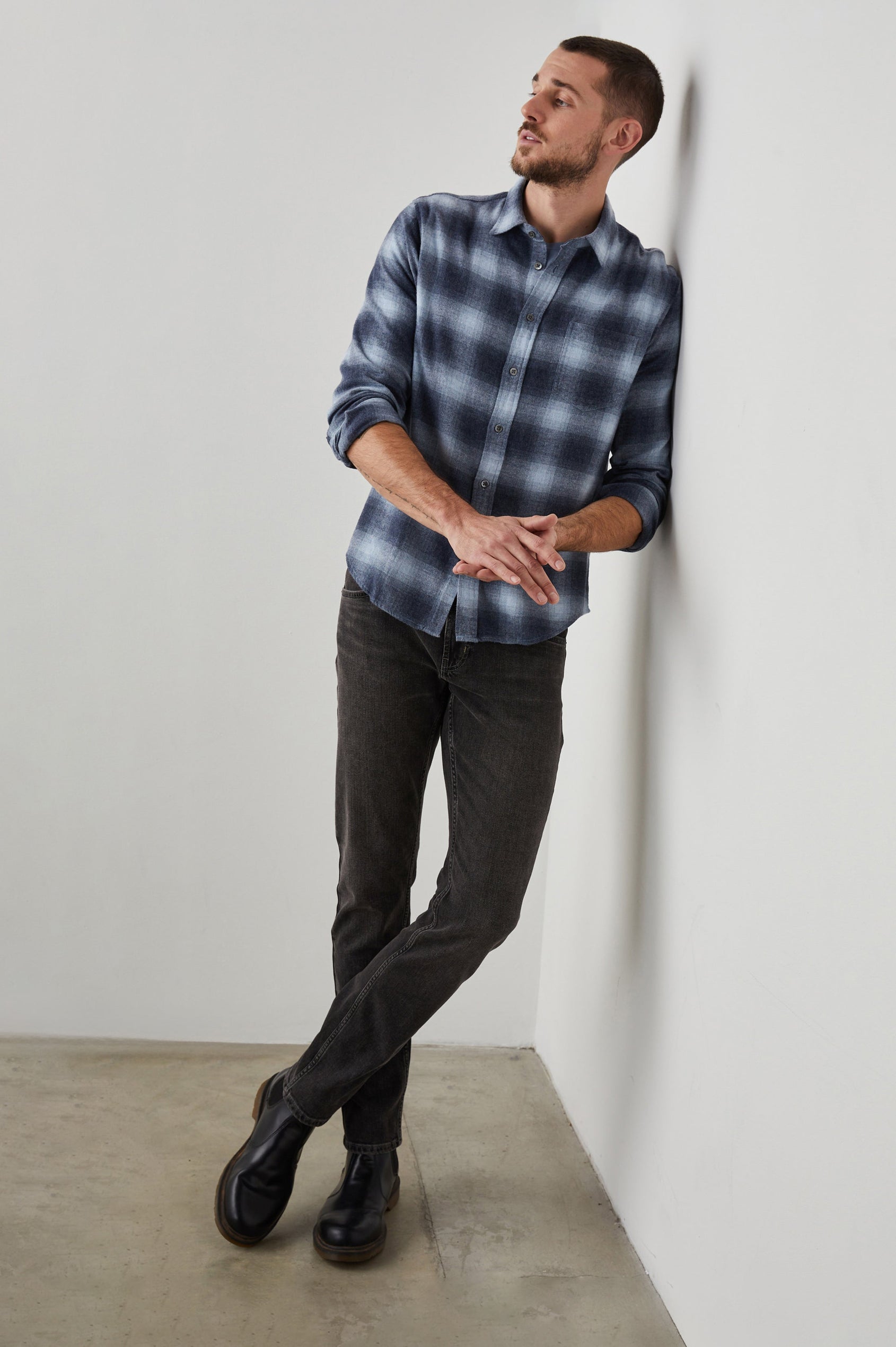 Lennox Long-Sleeve Button Up with a Chest Patch Pocket in Denim Shadow Colorway, a plaid in Denim, Grey and White- Front Full Body View Featured on Model