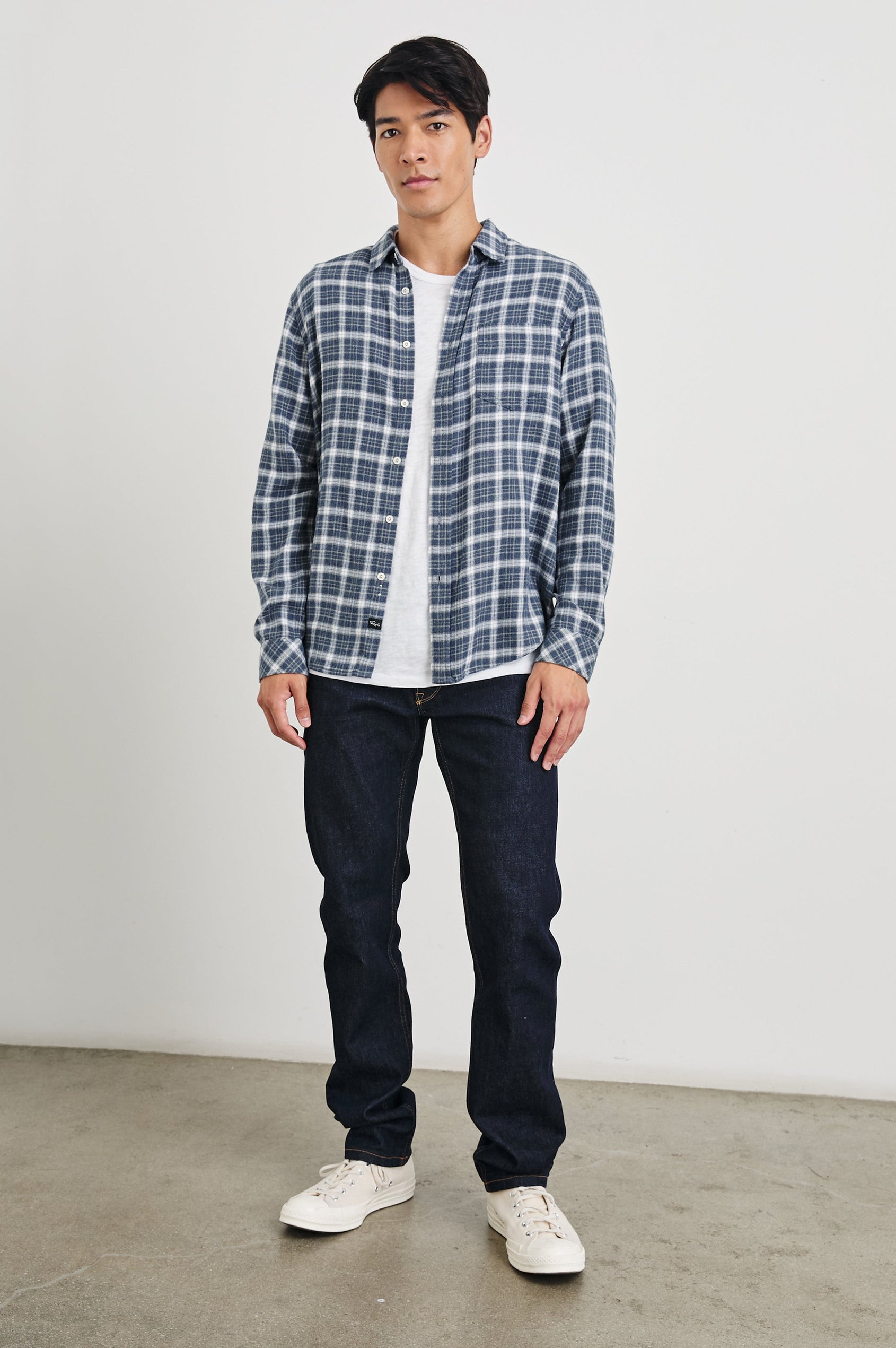 Lennox Long-Sleeve Button Up with a Chest Patch Pocket in Denim White Grey Colorway, a plaid - Front Full Body Unbuttoned View Featured on Model