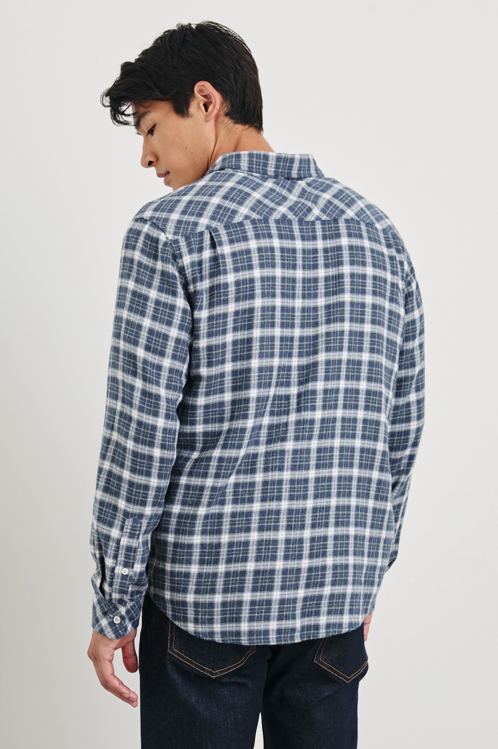 Lennox Long-Sleeve Button Up with a Chest Patch Pocket in Denim White Grey Colorway, a plaid - Back Unbuttoned View Featured on Model