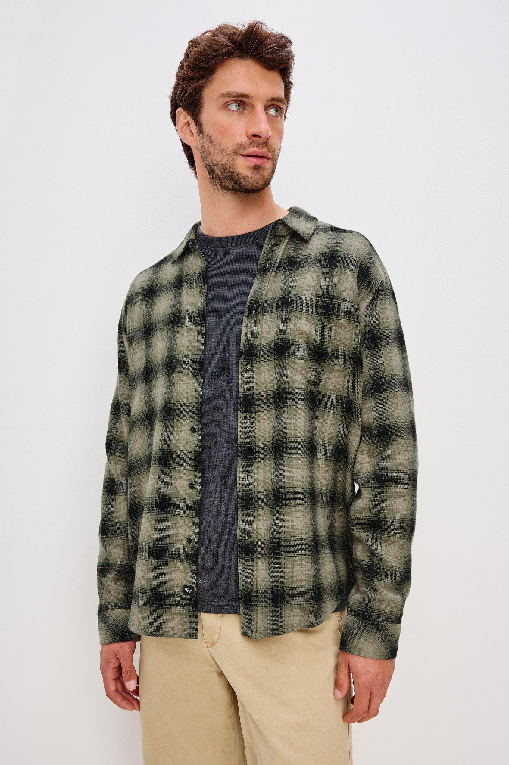 Lennox Long-Sleeve Button Up with a Chest Patch Pocket in Lichen Onyx Colorway - Front View Featured on model