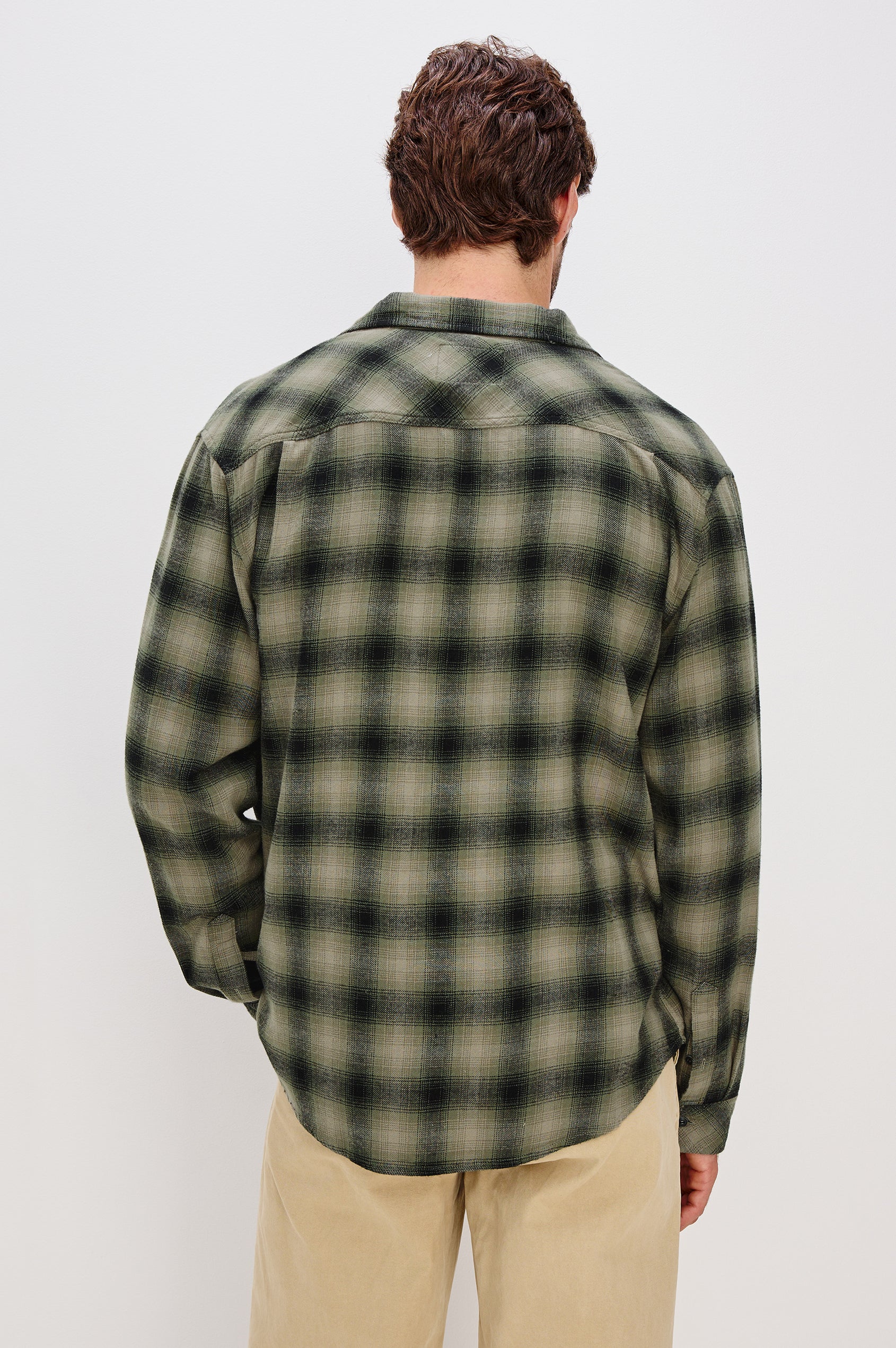 Lennox Long-Sleeve Button Up with a Chest Patch Pocket in Lichen Onyx Colorway - Back View Featured on model