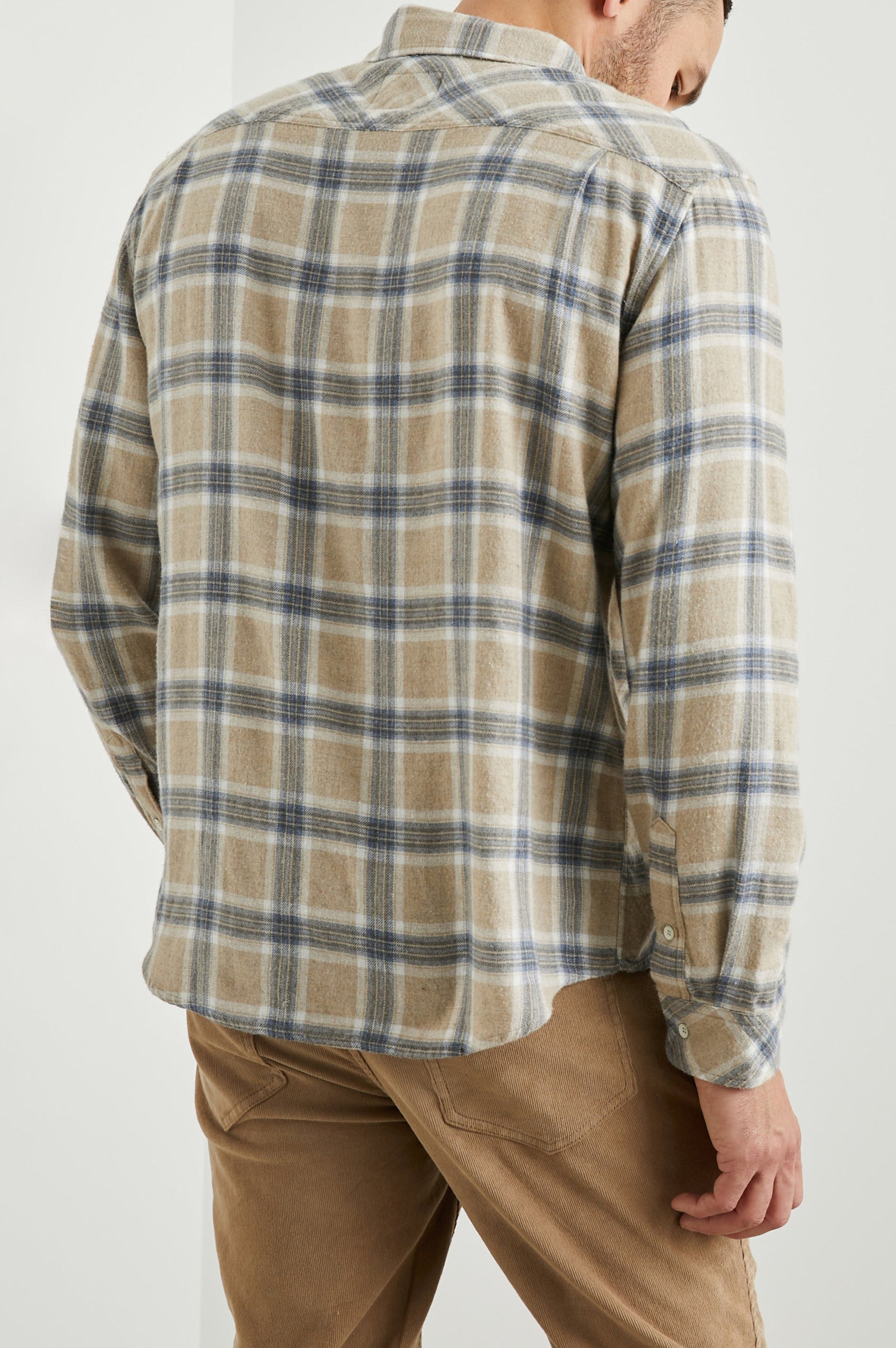 Lennox Long-Sleeve Button Up with a Chest Patch Pocket in Palamino Skyline Melange Colorway, a plaid in Palamino, Skyline and White - Back View Featured on Model