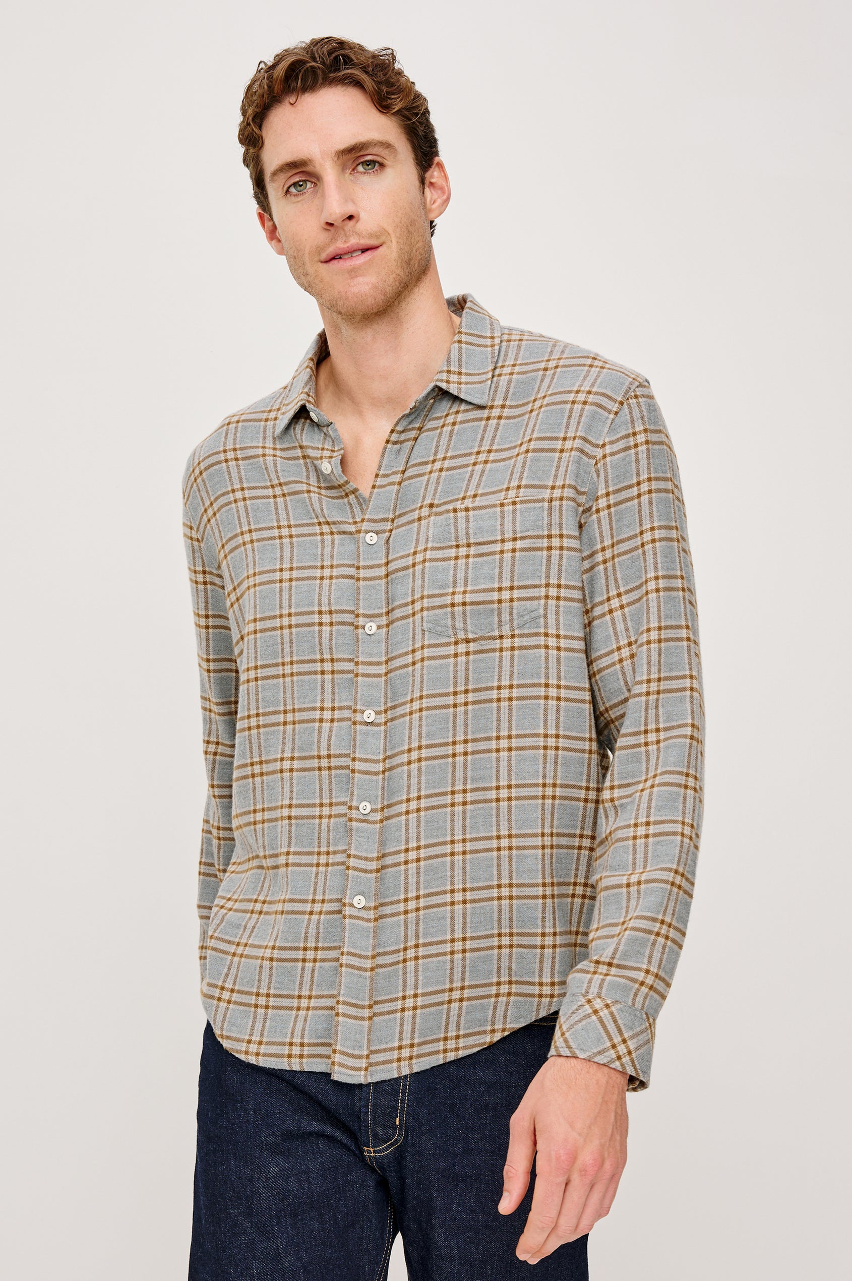 Lennox Long-Sleeve Button Up with a Chest Patch Pocket in Shale Truffle Colorway. Front View Featured on model.