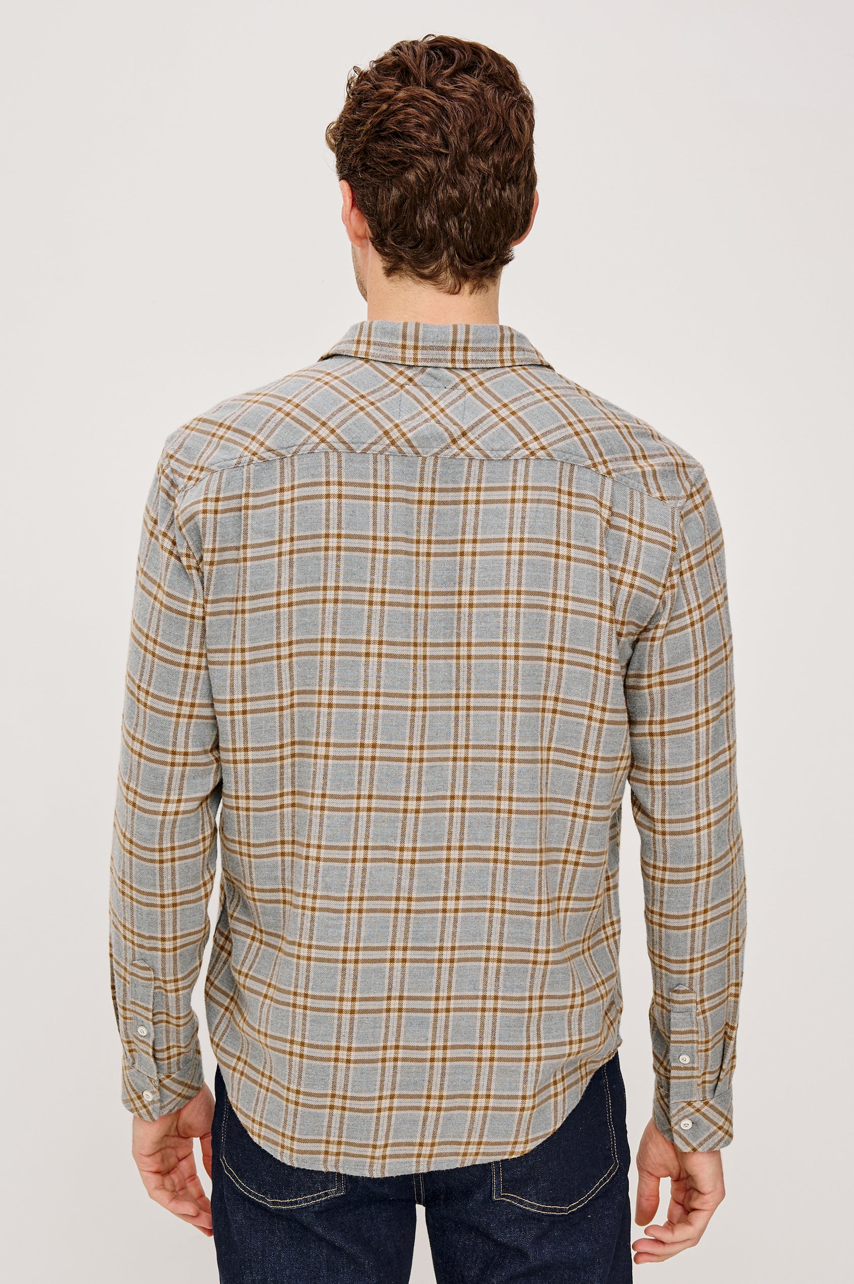 Lennox Long-Sleeve Button Up with a Chest Patch Pocket in Shale Truffle Colorway. Back View Featured on model.