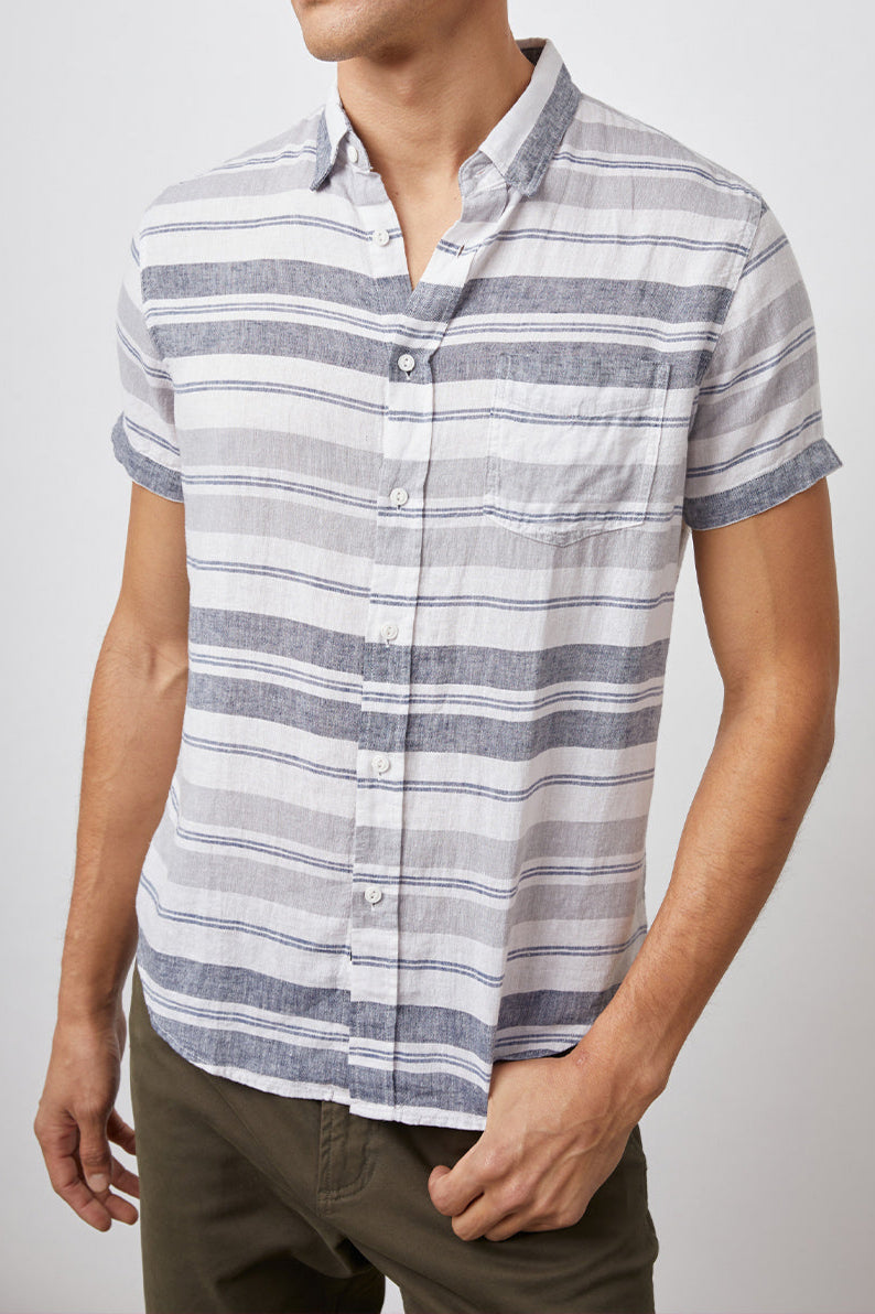 CARSON SHIRT - NAVY GREY WHITE STRIPE