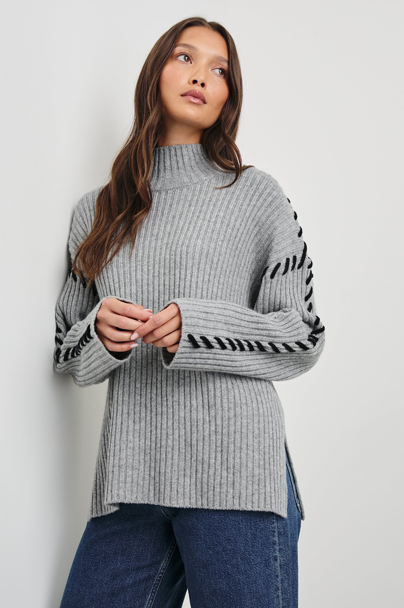 Liam Long-Sleeve Sweater with Turtle Neckline in Heather Grey Colorway, with Black Rib Stitching on Arms - Front View Featured on Model