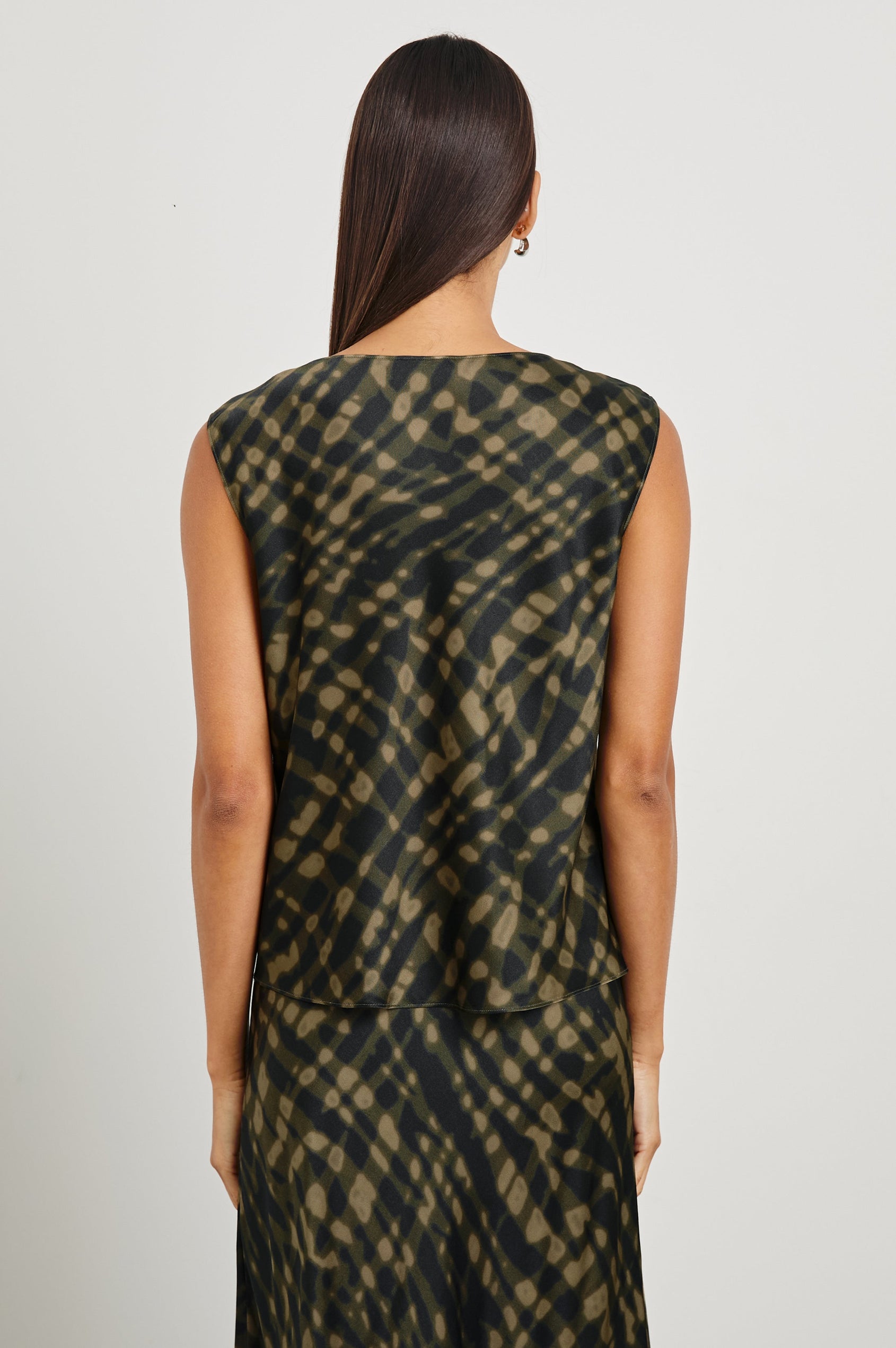 Lilly Sleeveless Top with a Cowl Neckline in Cypress Colorway, a Print in Black and Greens - Back View Featured on Model