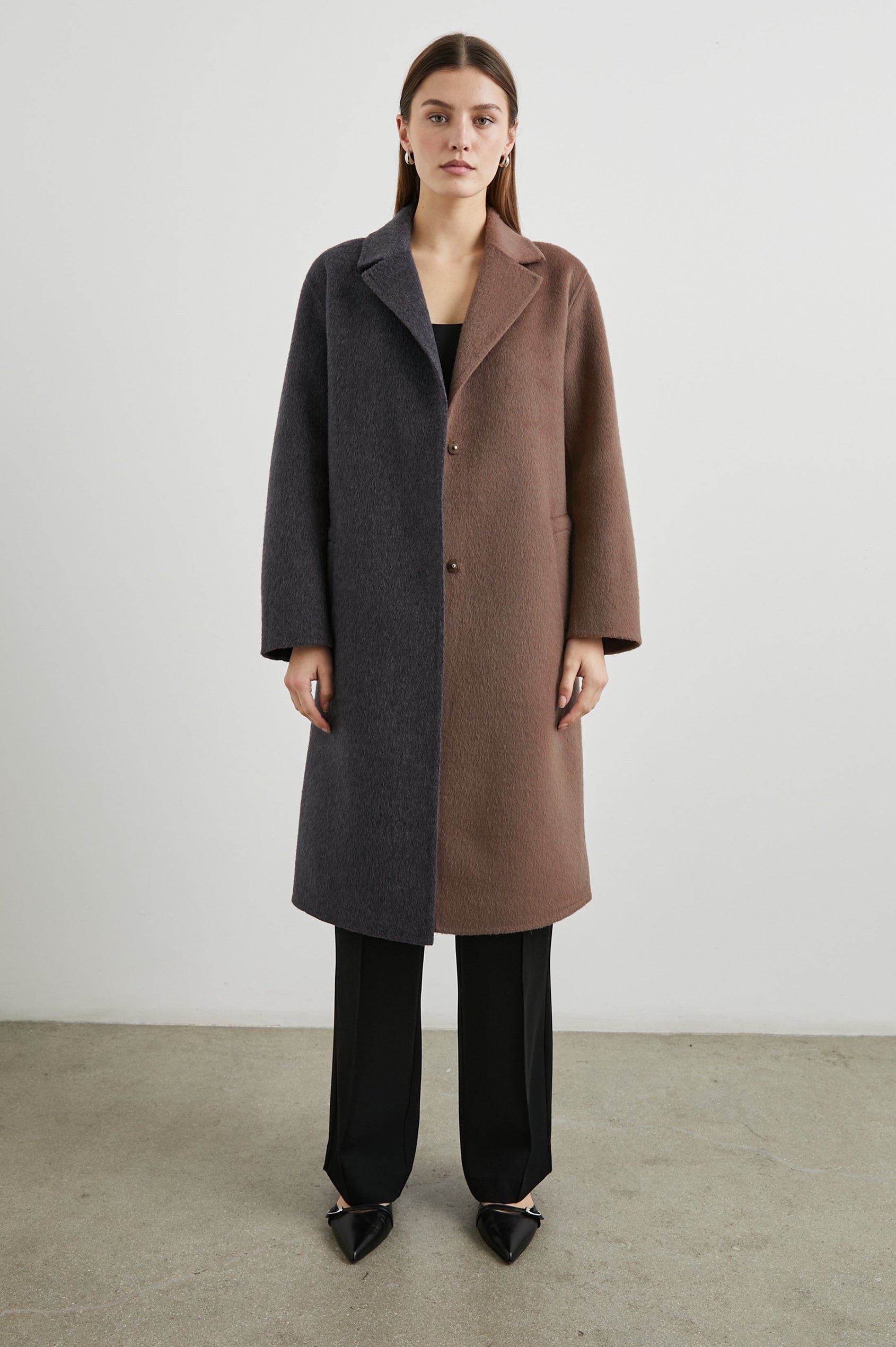 Lore Knee-Length Coat with Two Button Closure, Notched Lapels and Two Front Pockets in Charcoal Mink Mix Colorway, Left Half of Jacket is Mink and the Right Half is Charcoal - Front Full Body View Featured on Model