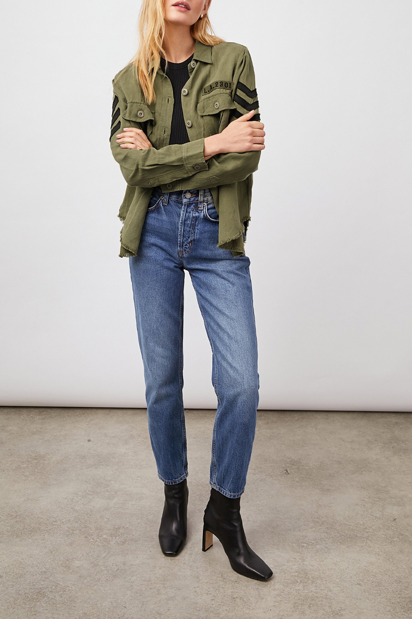 LOREN-OLIVE-BLACK-MILITARY-SATIN-PATCHES-FULL FRONT BODY