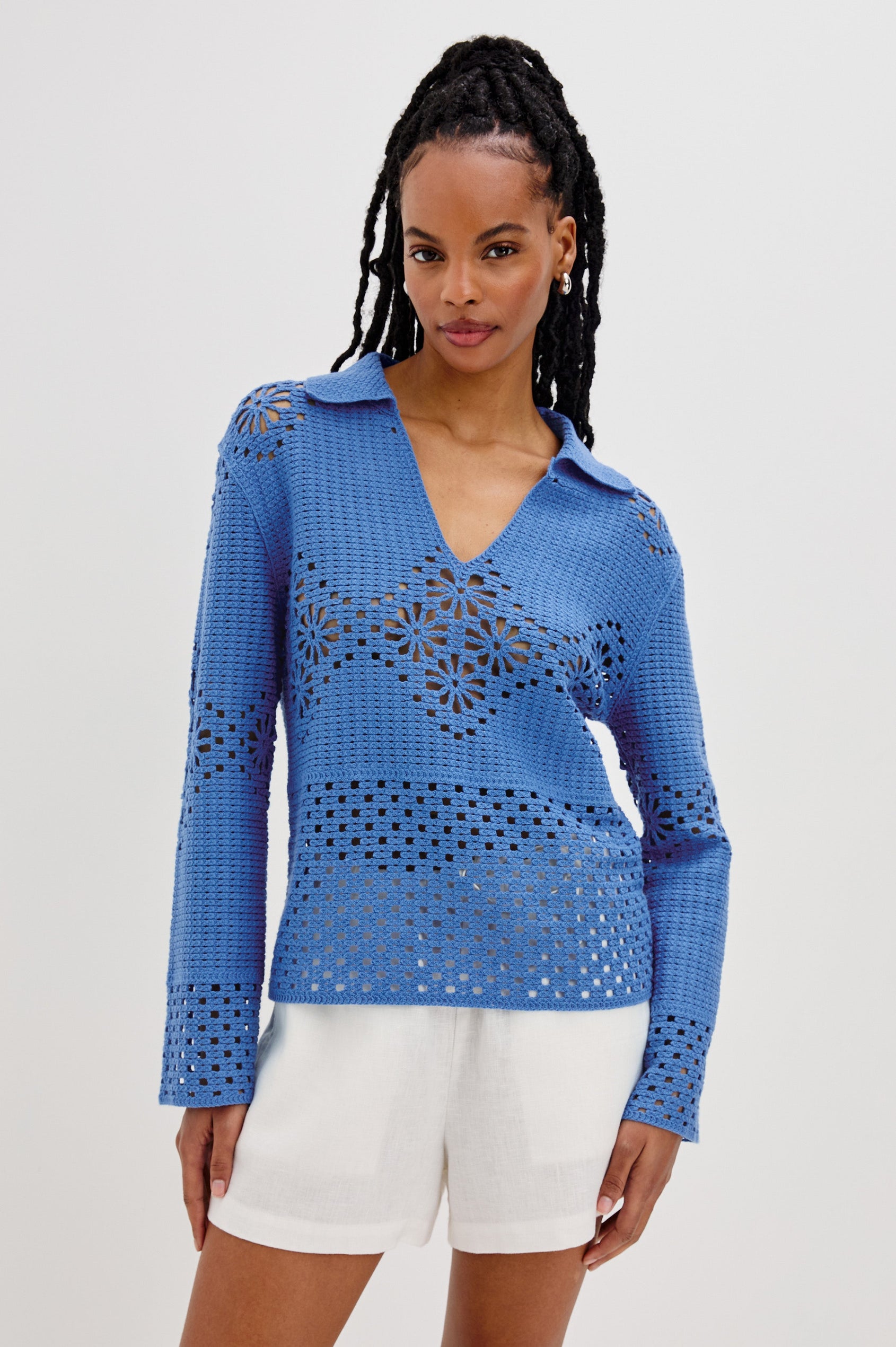 Louiza Collared V-Neck Top with Long Sleeves in French Blue Colorway. Front View Shown on Model.