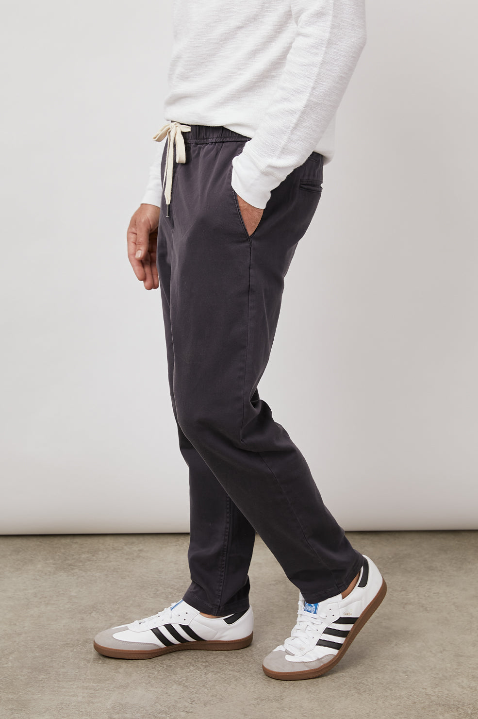 Mario elastic drawstring waist trouser in dark navy - side angle