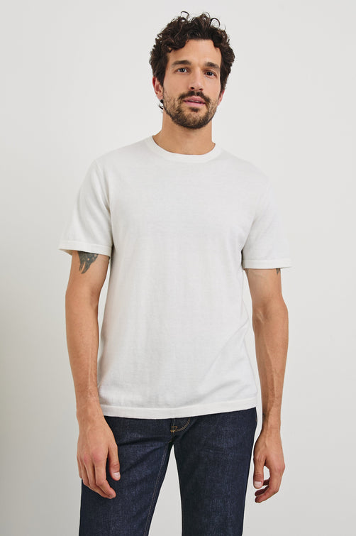 Mason Cotton Cashmere Short Sleeve T-Shirt with a Crew Neck in Cream Colorway - Front View Featured on Model