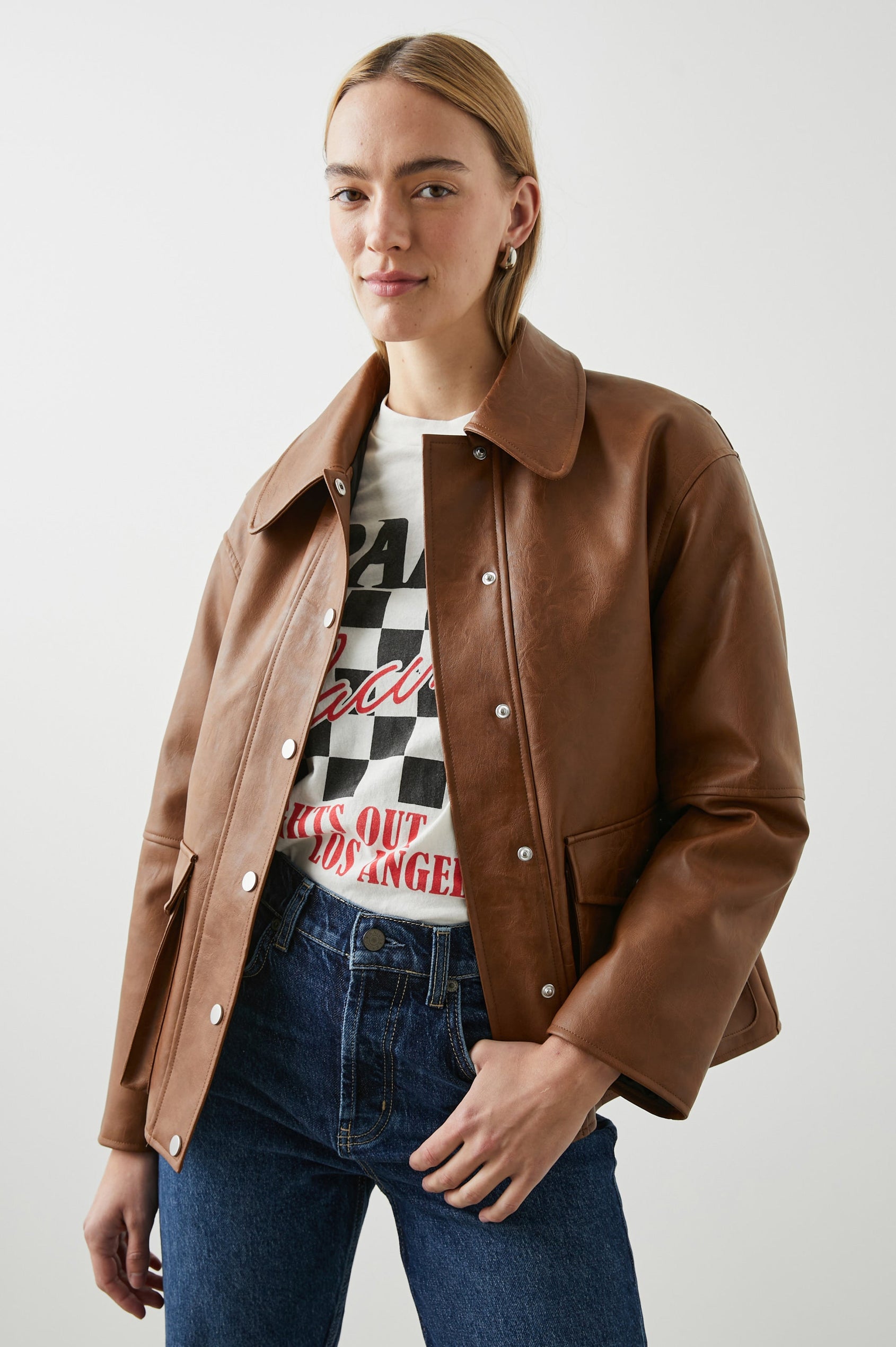 Mathis Faux Leather Jacket with Snap Closure and Two Front Snap Flap Pockets in Russet Colorway - Front View Featured on Model