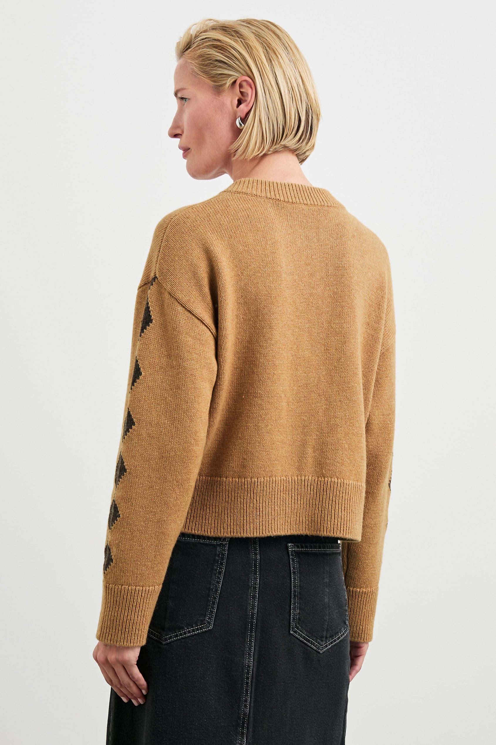 Mavie Long-Sleeve Cardigan with Button Closure, Crew Neck and Ribbed Trim in Camel Stables Colorway with Black Horses and Diamonds on Camel - Back View Featured on Model