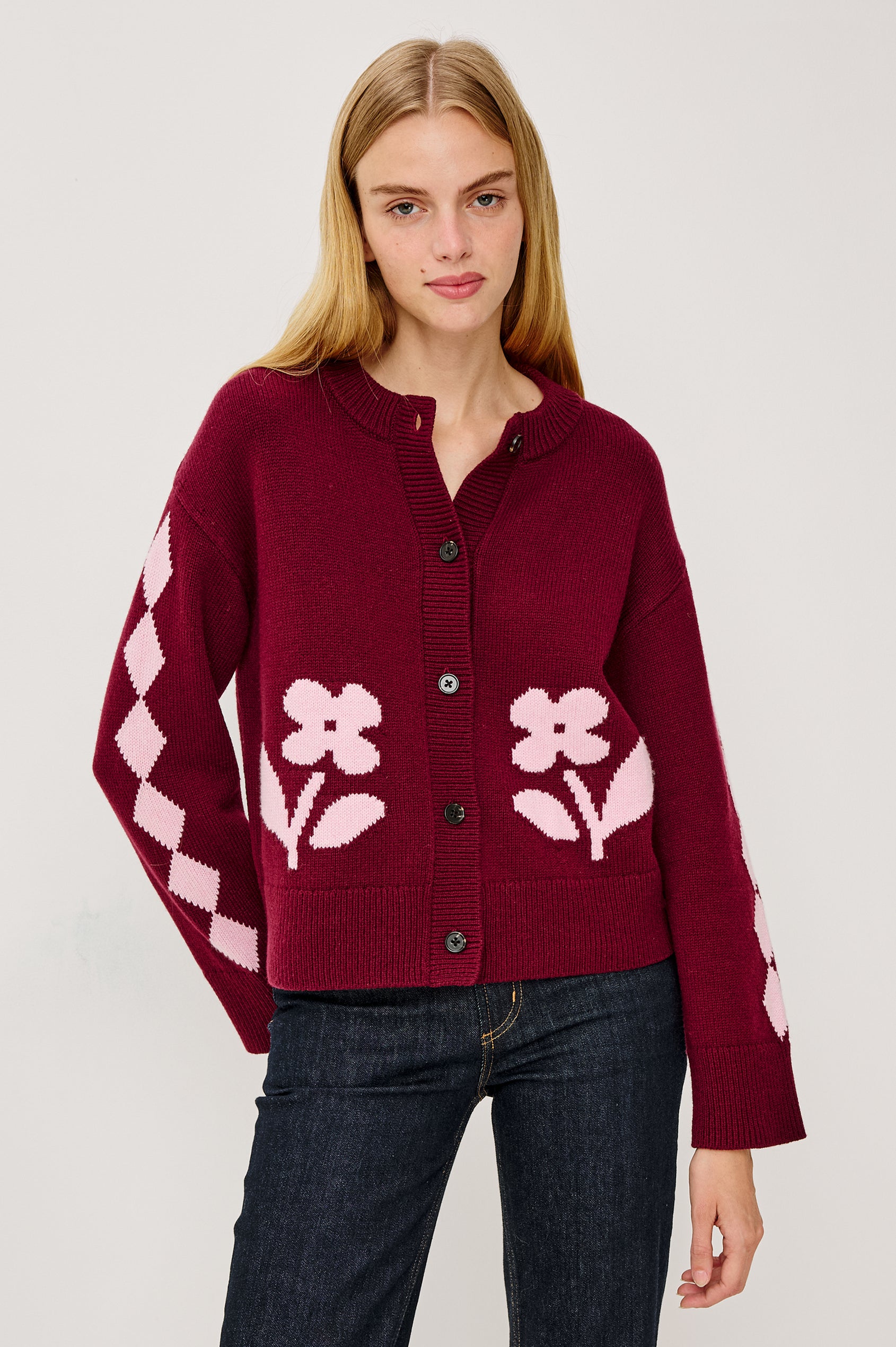 Mavie Long-Sleeve Cardigan with Button Closure, Crew Neck and Ribbed Trim in Garnet Daisy Colorway with Pink Flowers and Diamonds on Garnet - Front View Featured on Model