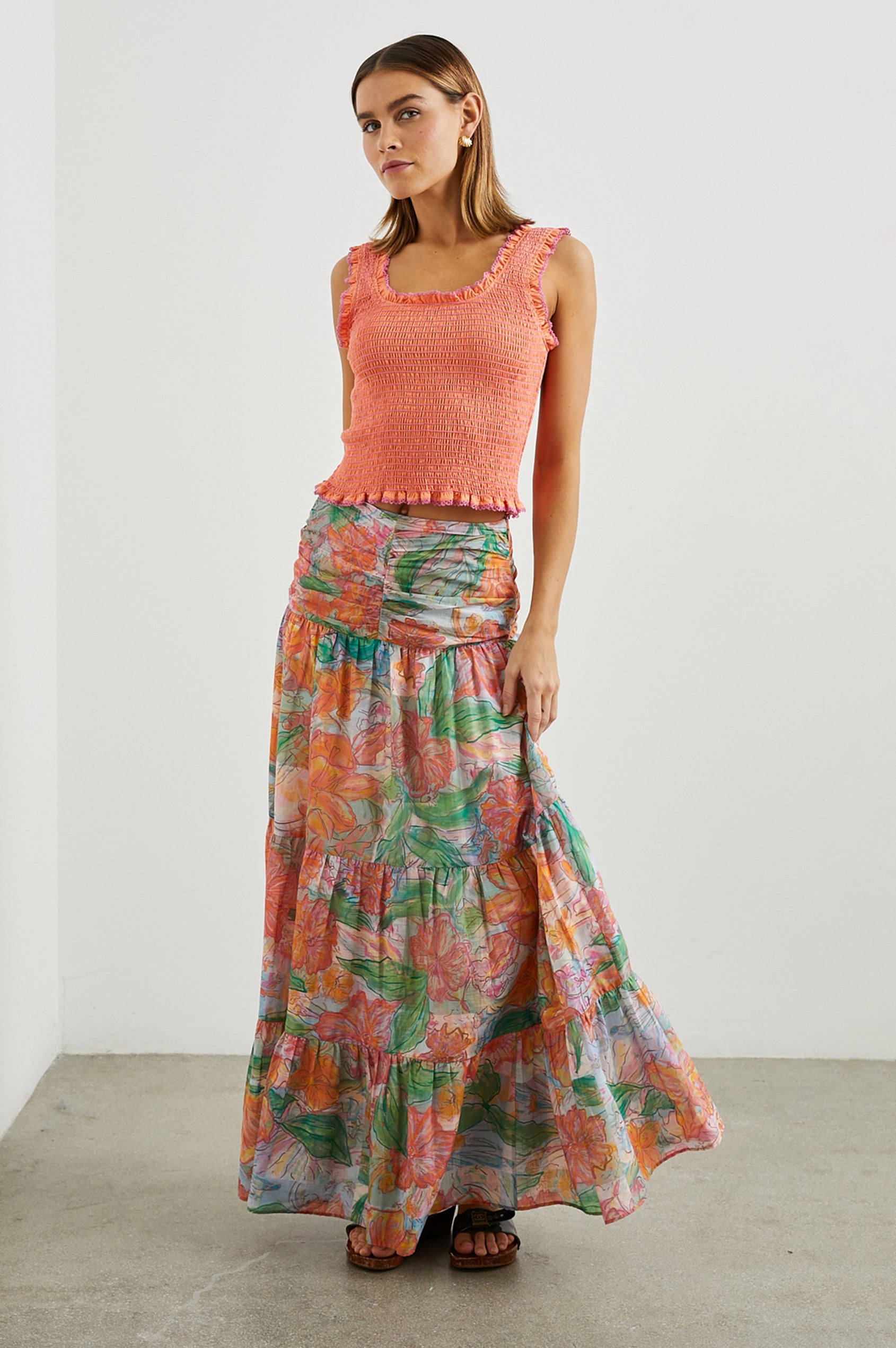 Maxine Crop Tank with Smocking Throughout and Ruffled Trim in Papaya Colorway, with Pink Stitching Details - Front Full Body View Featured on Model