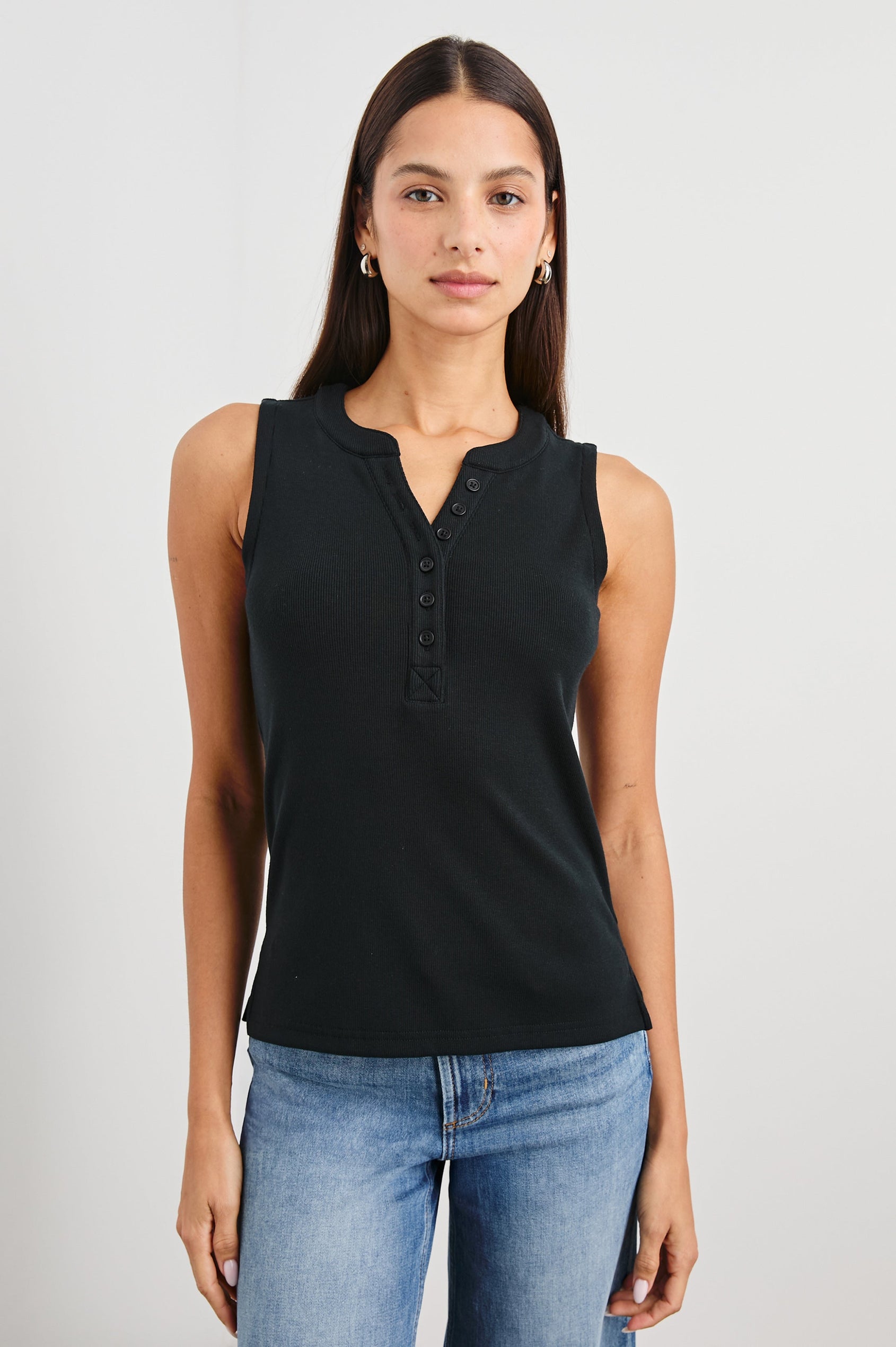 Mayla Sleeveless Top With 3/4 Front Buttons In Colorway Black -  Front View Featured On Model