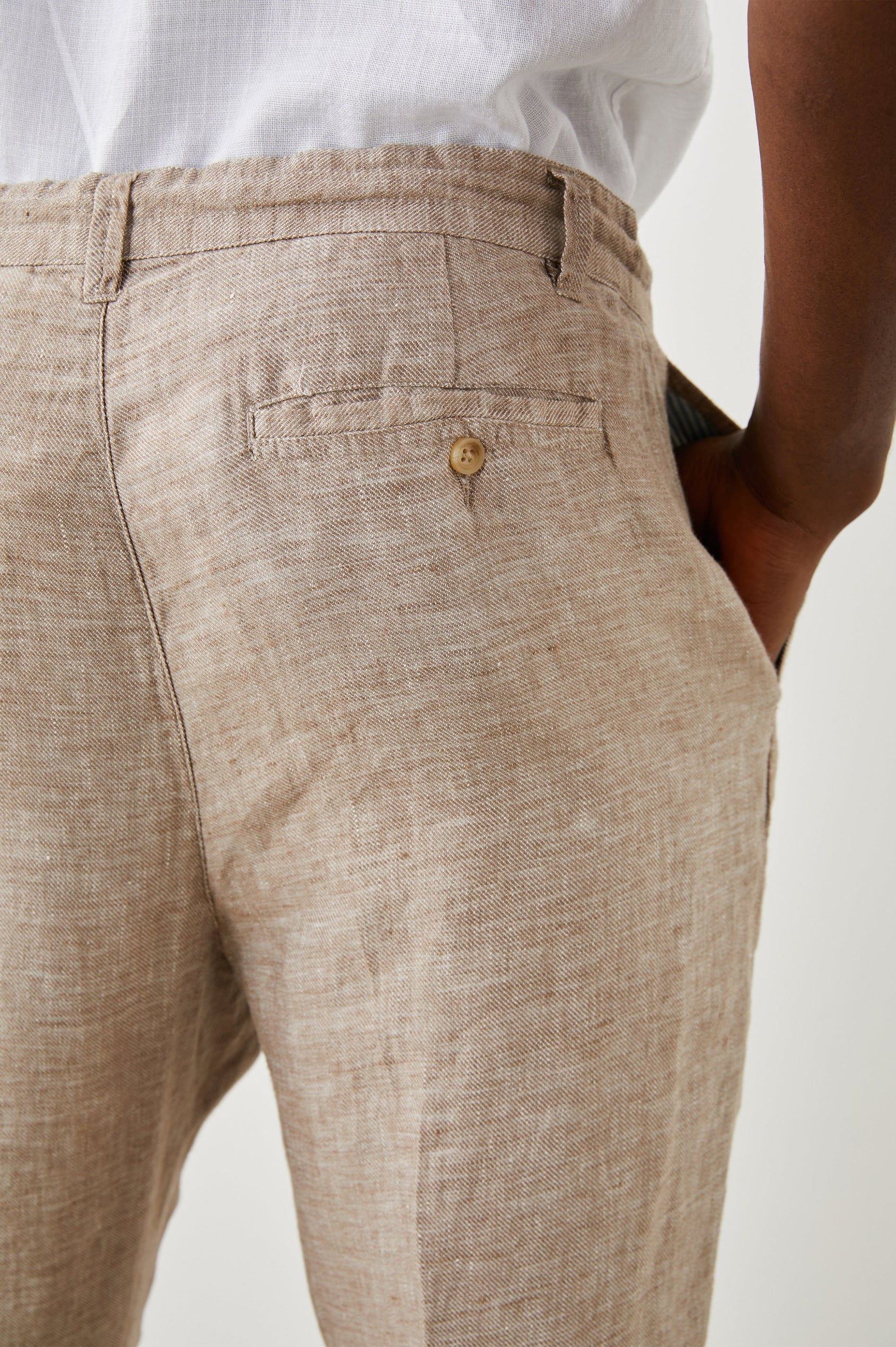 Mercer Pants with a Button and Drawcord Waist, Belt Loops, Two Front Pockets and Two Back Button Welt Pockets in Bulgar Colorway - Back View Featured on Model