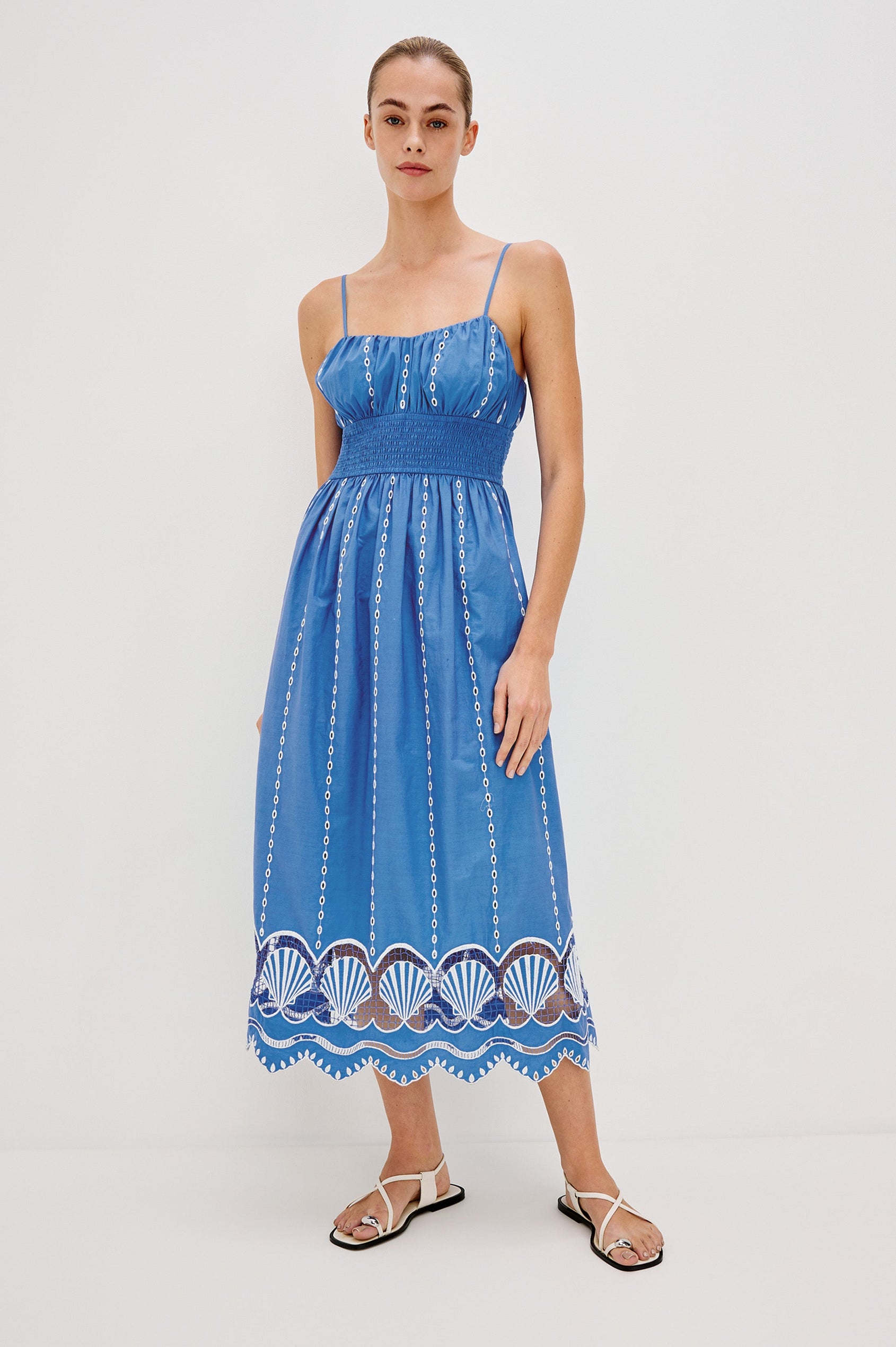 Murano Midi Tank Dress with Spaghetti Straps, Gathered Elastic Waistband, Sea Shell Embroidery and Scalloped Hem in French Blue Colorway. Full Body Front View Shown on Model.