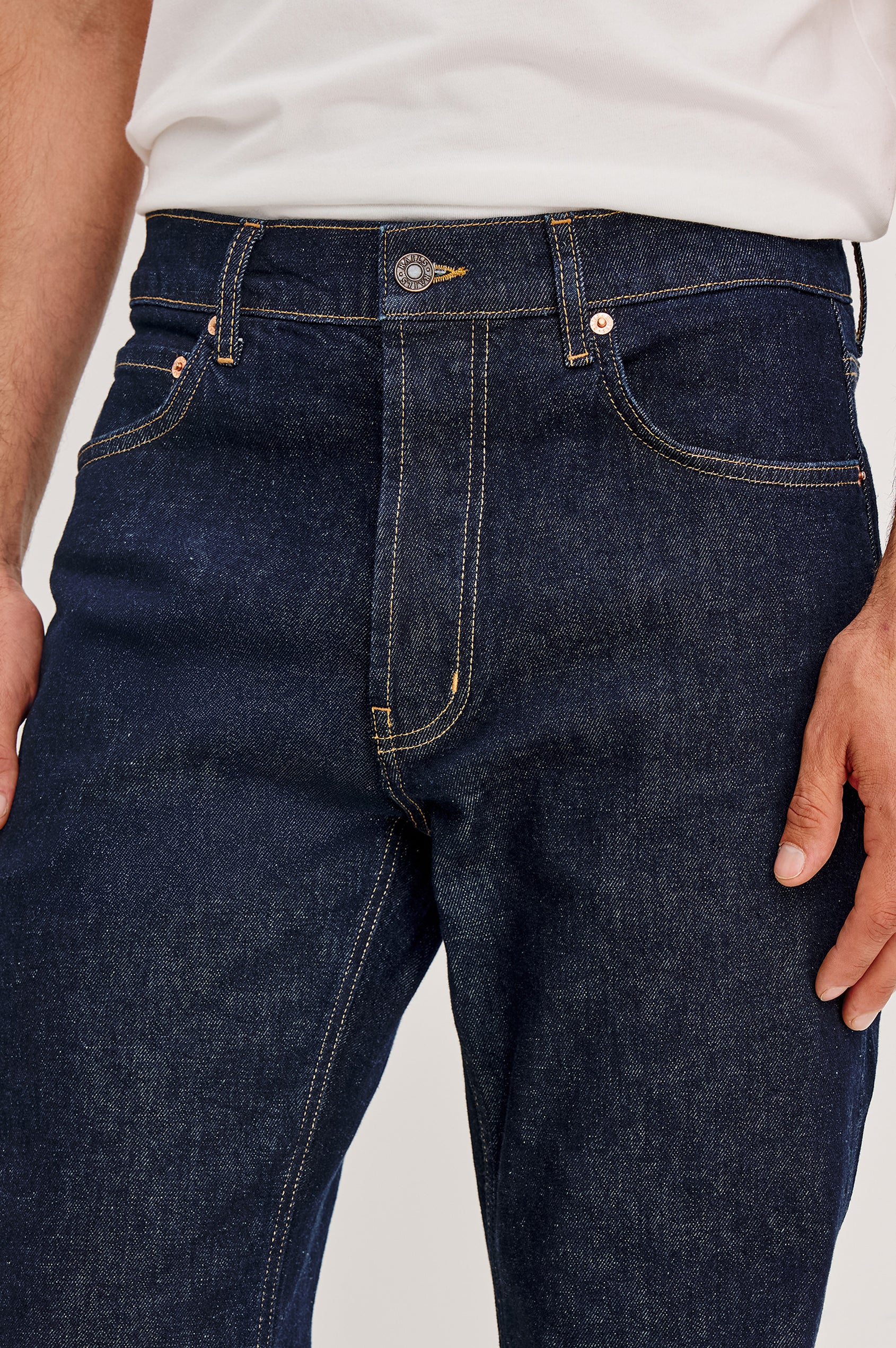 Nash is a straight leg 5-Pocket denim jean a zip fly and button closure as well as rivets in a Rinse Wash. Front detail view featured on model.