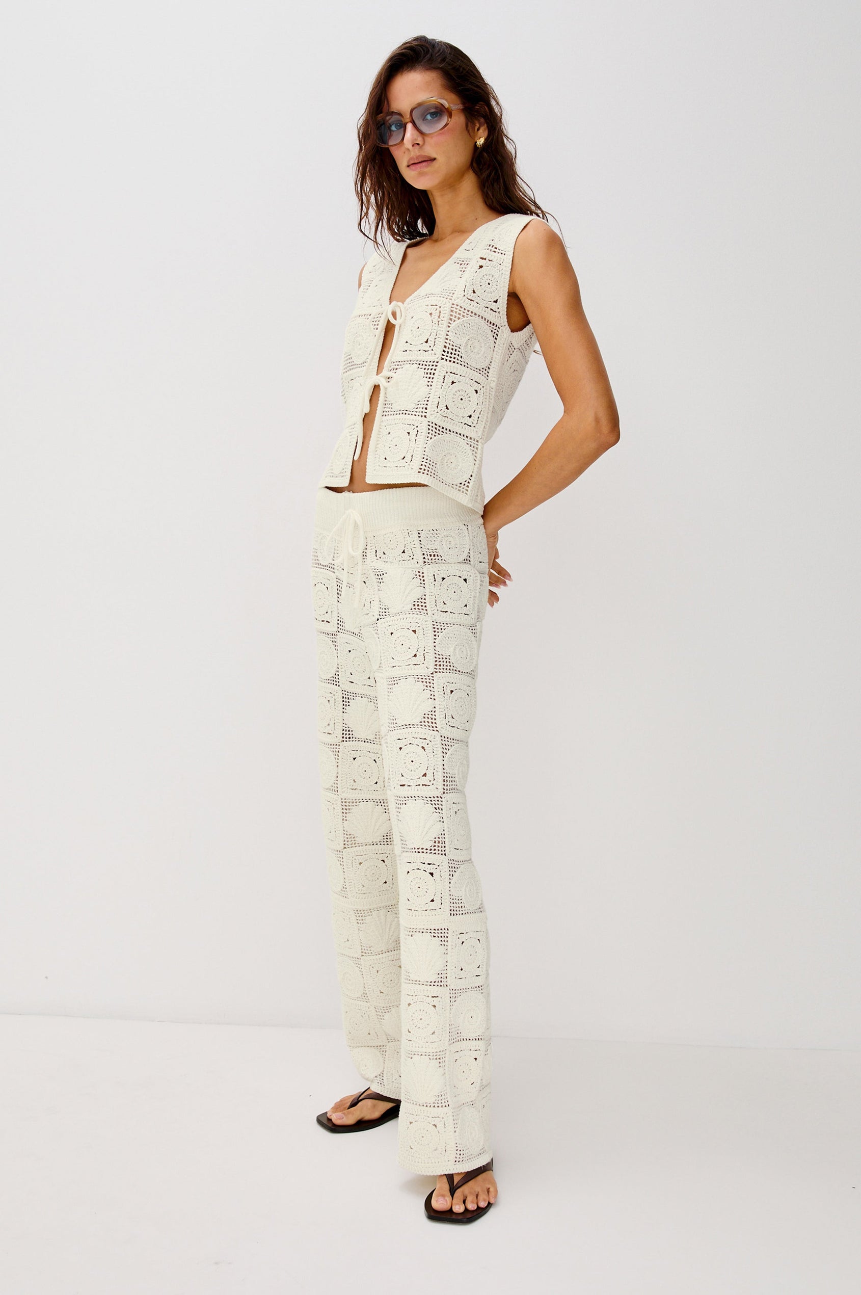 Paz V-Neck Tie Front Tank Top with Wide Straps in White Sea Shell Crochet Colorway. Full Body Front View Shown on Model.