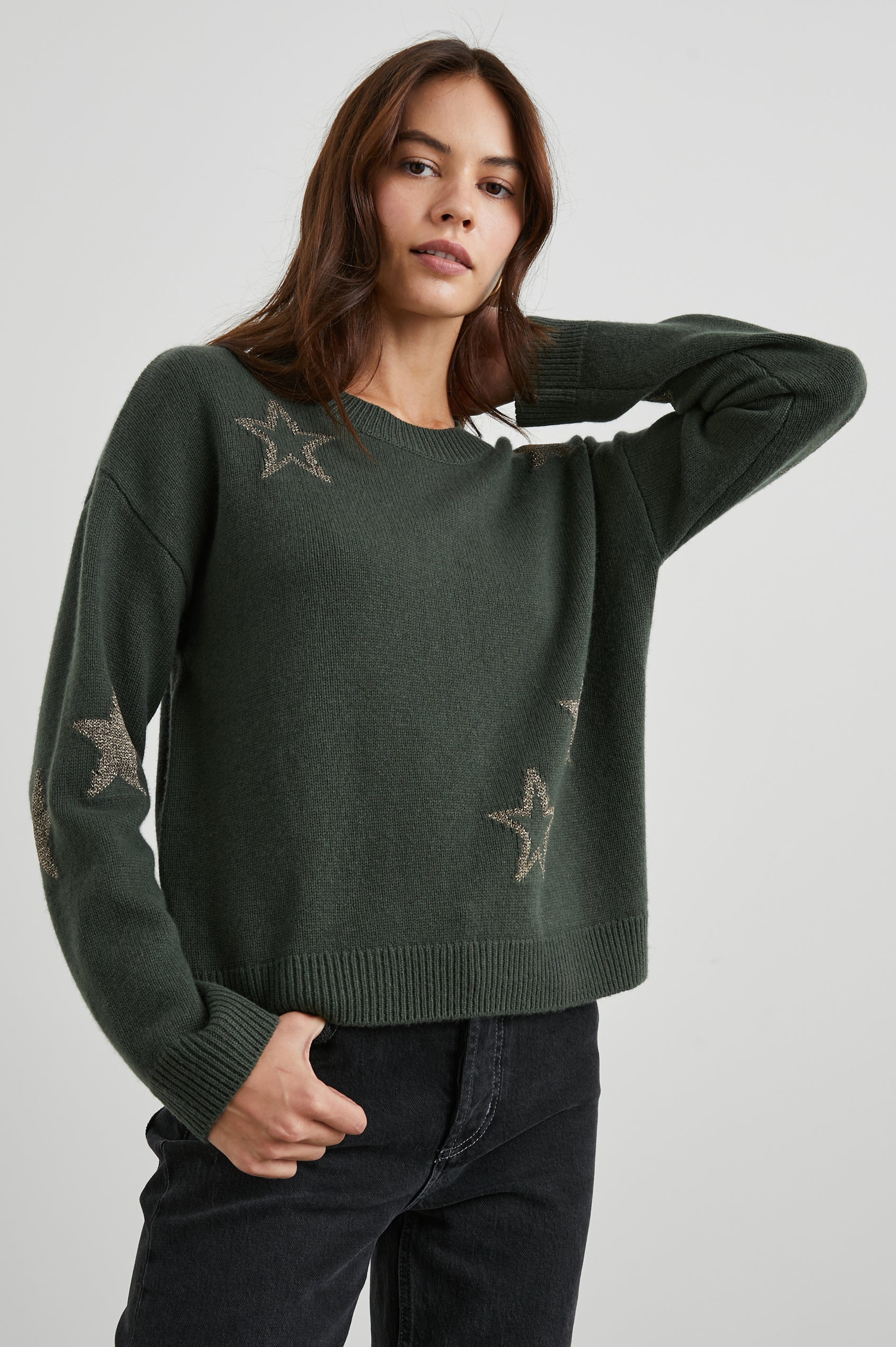 PERCI OLIVE GOLD STARS SWEATER - FRONT HALF BODY