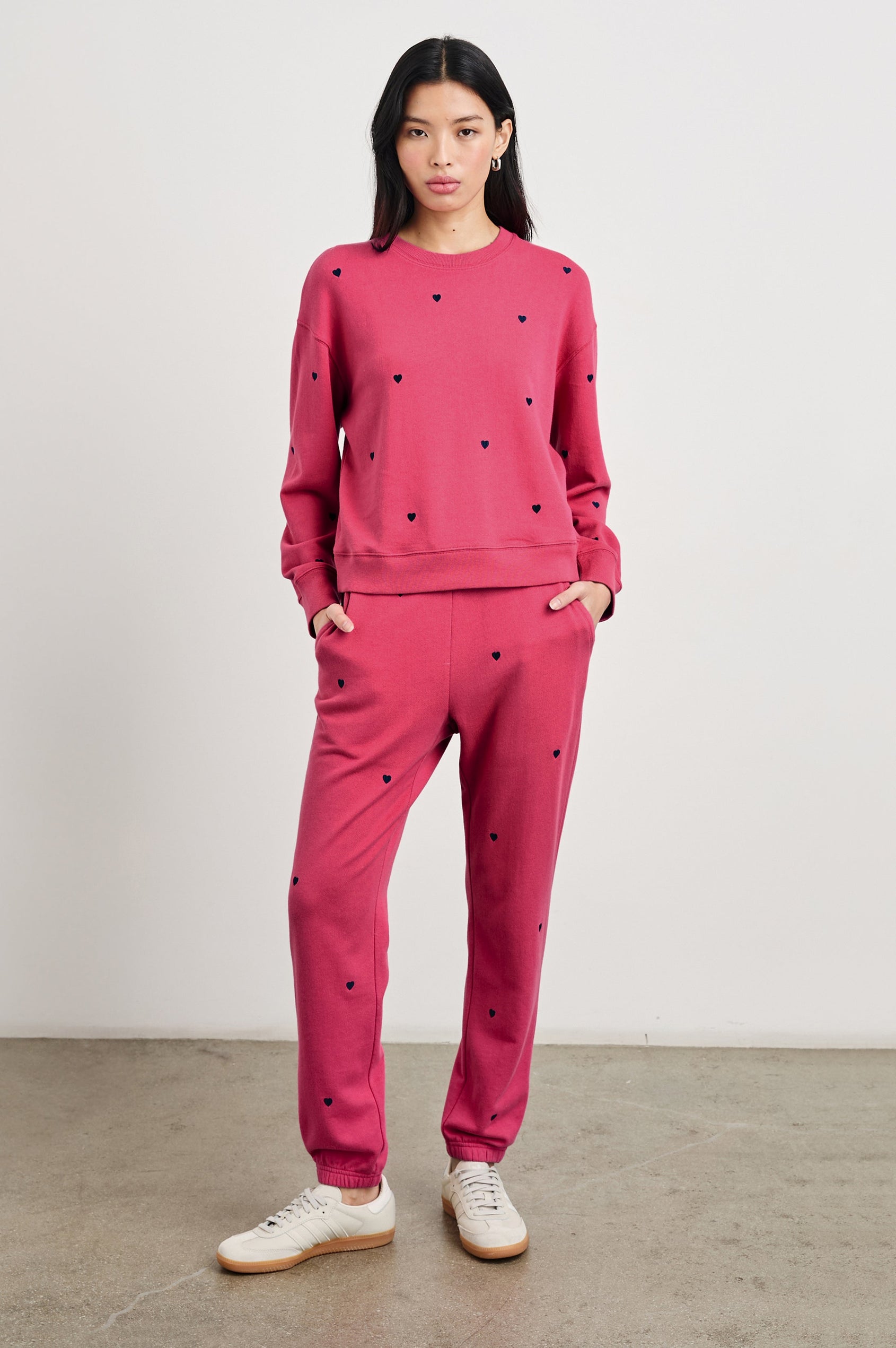 Ramona Long-Sleeve Sweatshirt with a Crew Neck and Embroidered Hearts in Pink Midnight Hearts Colorway, Midnight Hearts on Pink - Front Full Body View Featured on Model