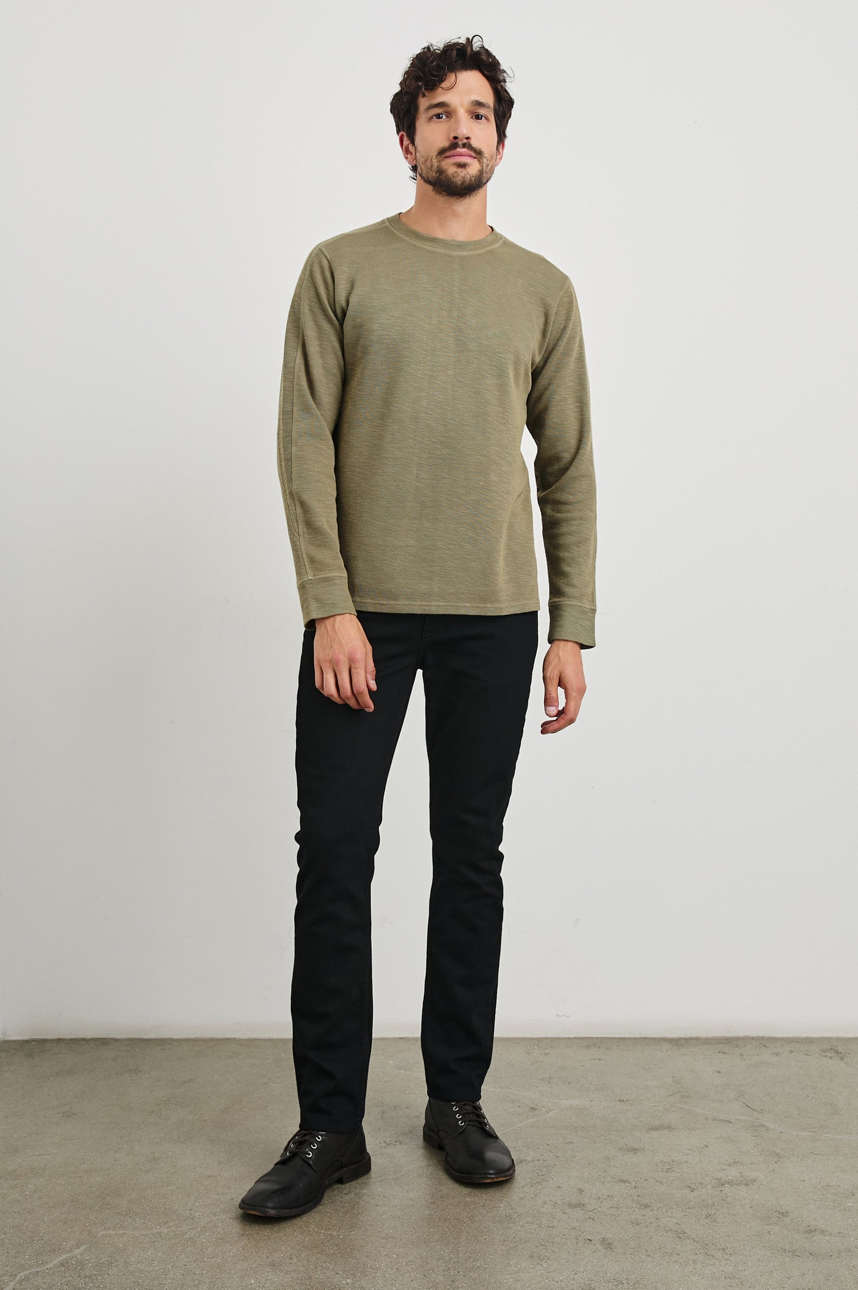 Rheese Long-Sleeve Thermal with Crew Neck and Statement Seams on Sleeves and Back in Green Olive Colorway - Front Full Body View Featured on Model