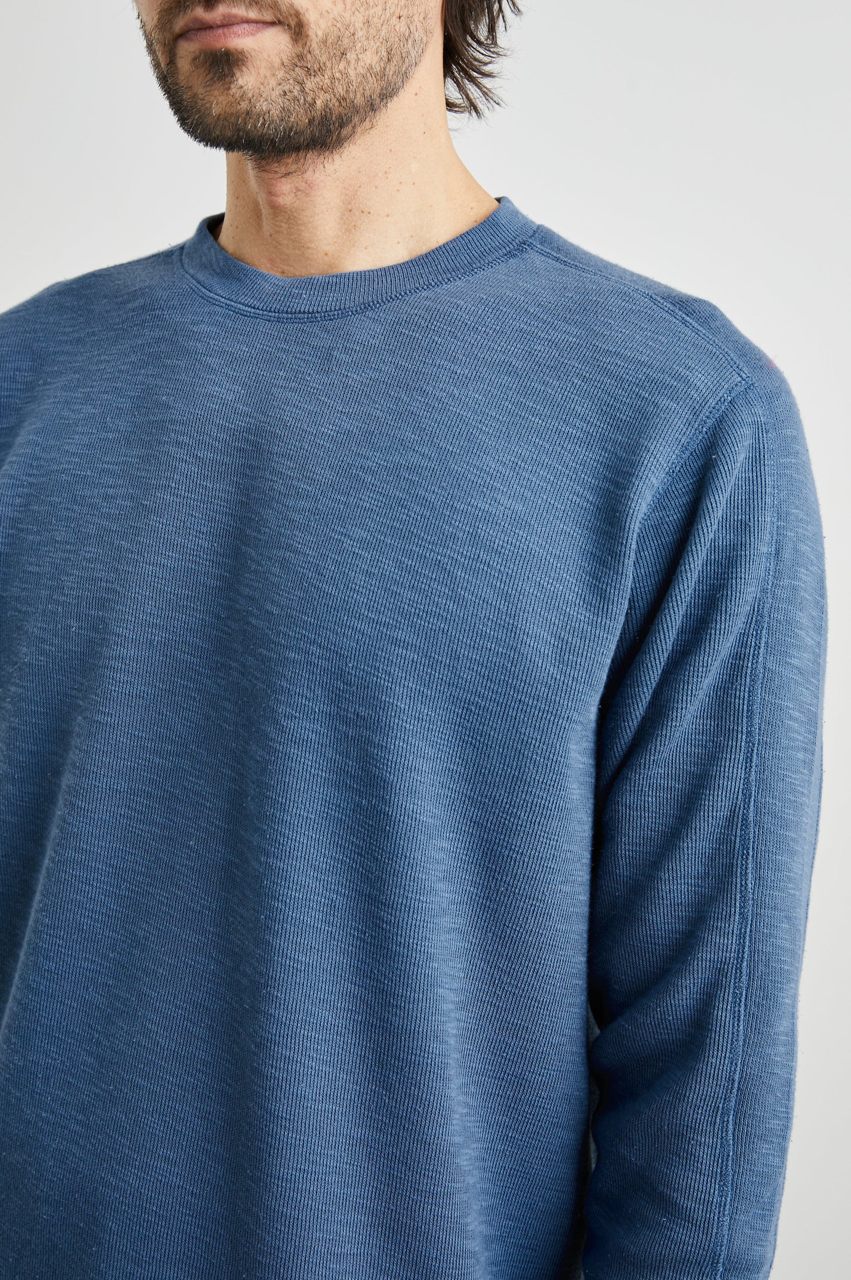 Rheese Long-Sleeve Thermal with Crew Neck and Statement Seams on Sleeves and Back in Steel Colorway - Front View Featured on Model