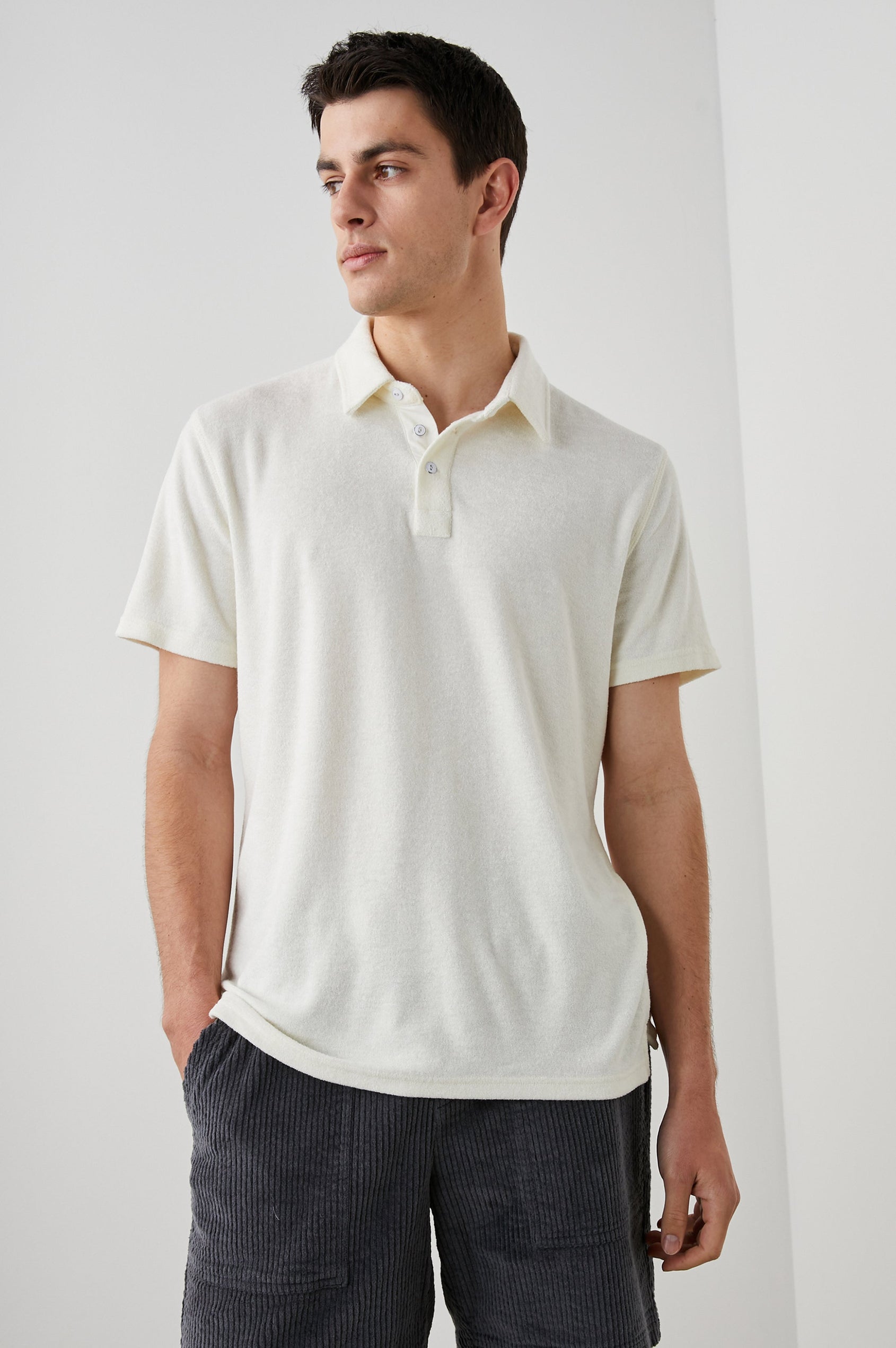 RHEN TERRY PEARL POLO SHIRT - FRONT HAND IN POCKET