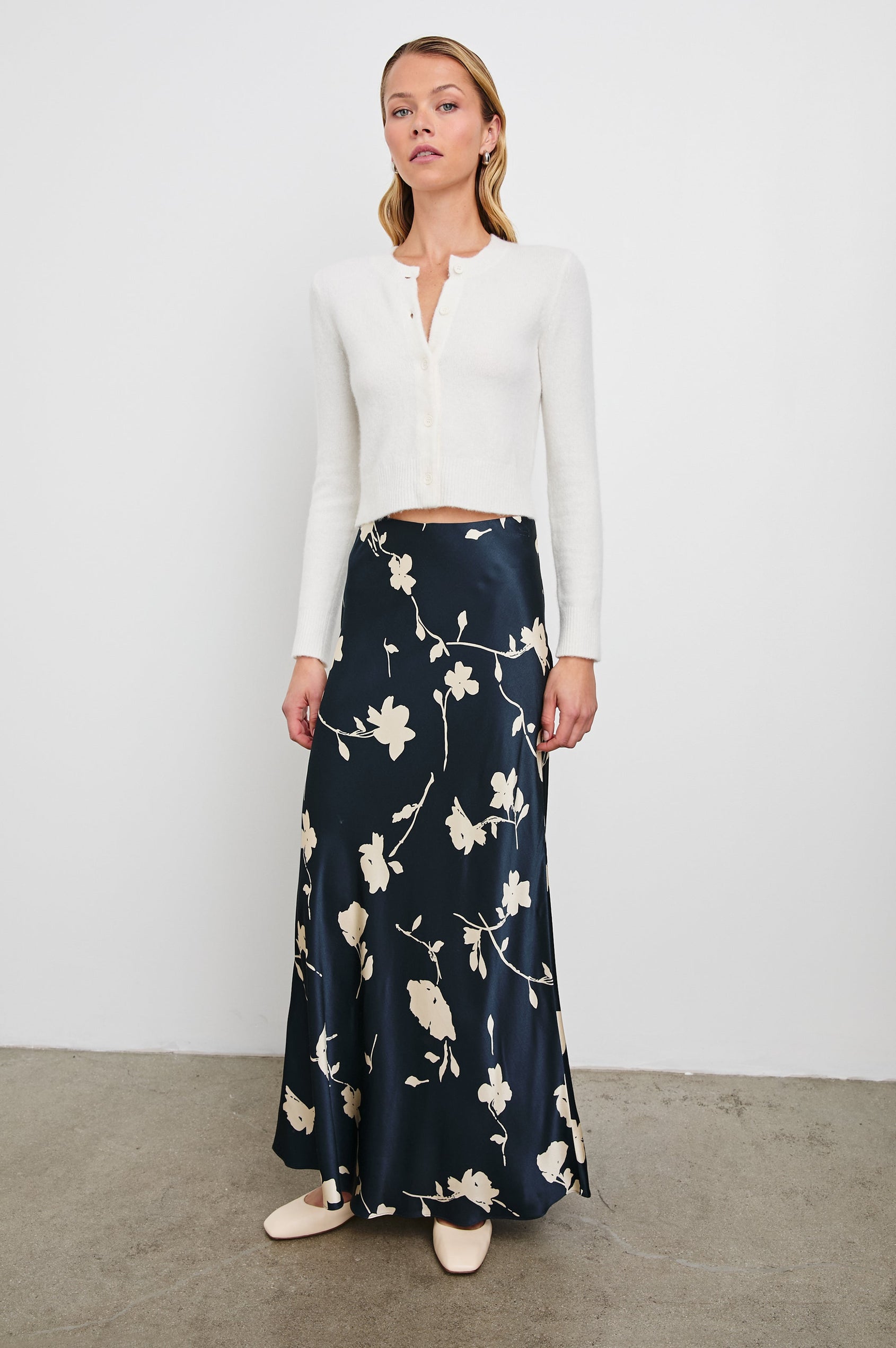 Romina Maxi Skirt in Midnight Roses Colorway, cream roses on Midnight - Front Full Body View Featured on Model