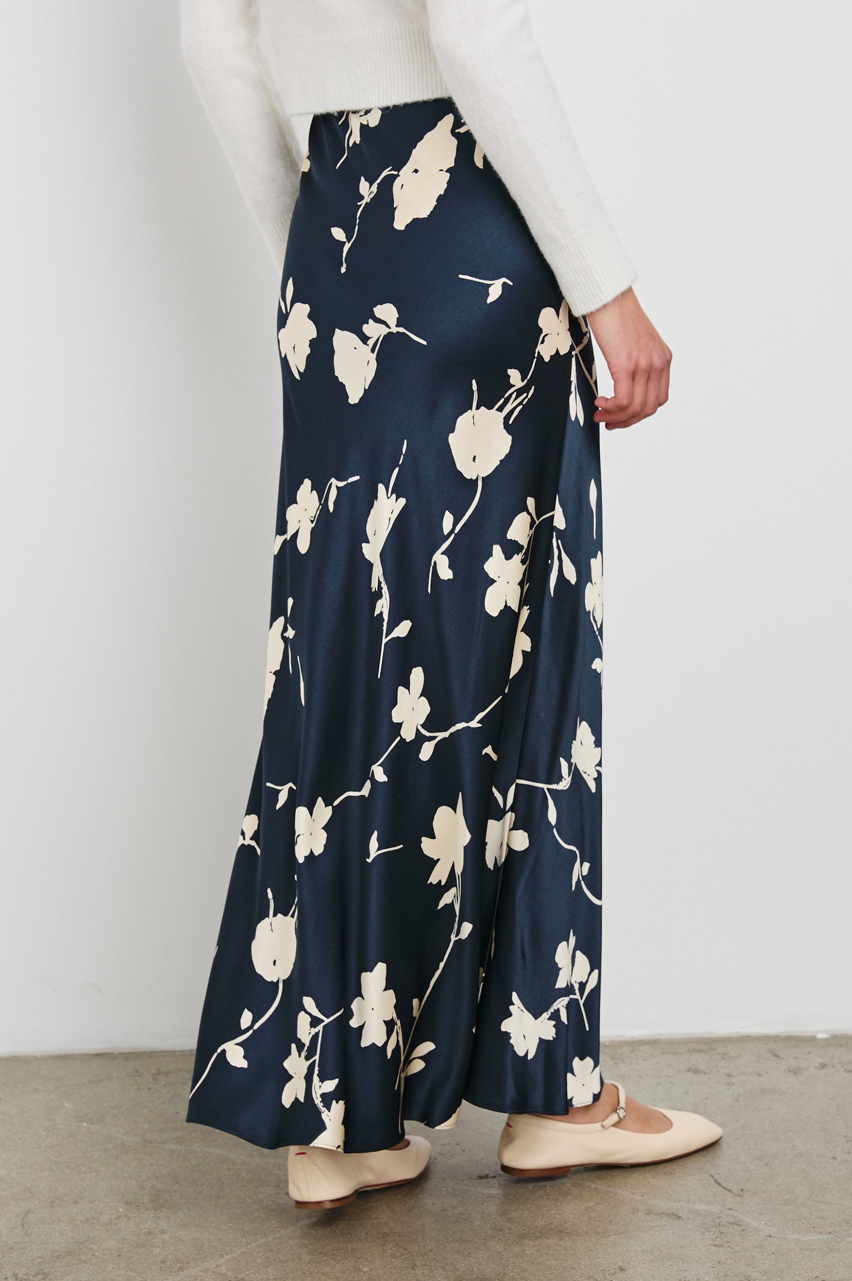 Romina Maxi Skirt in Midnight Roses Colorway, cream roses on Midnight - Back View Featured on Model