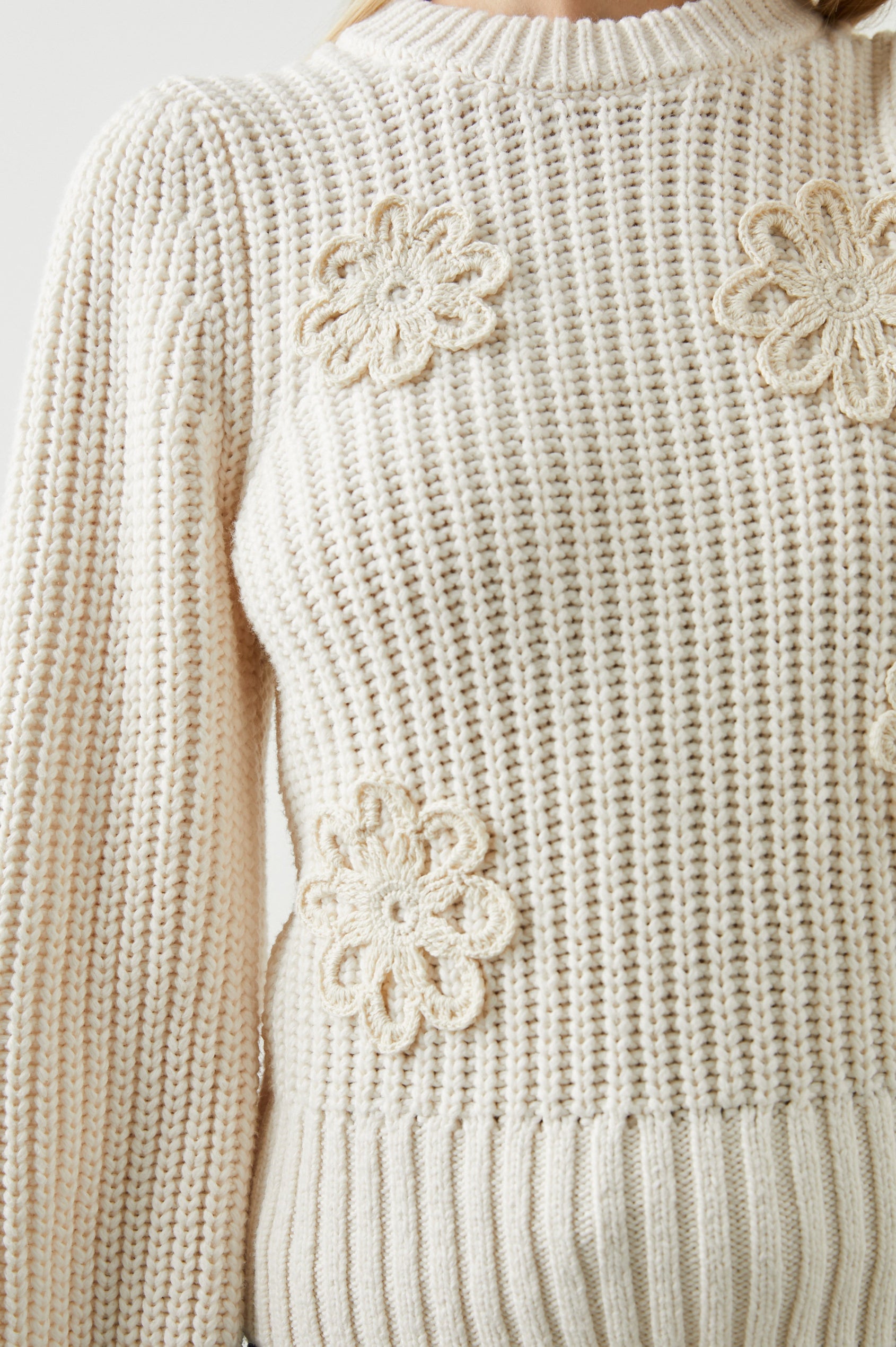 Romy Long-Sleeve Knit Sweater with Crew Neck, Ribbed Trim and Crochet Daisies in Ivory Crochet Daisies Colorway - Front View Featured on Model
