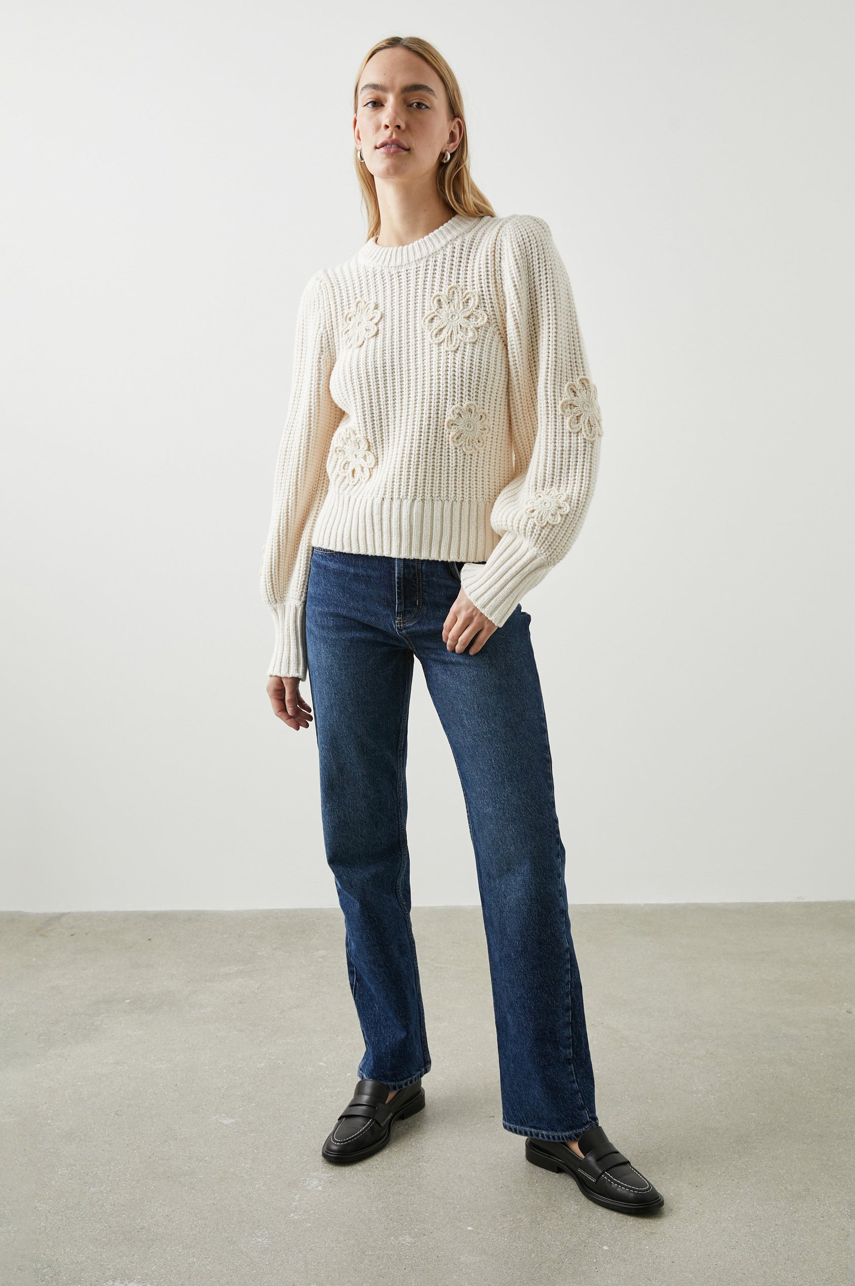 Romy Long-Sleeve Knit Sweater with Crew Neck, Ribbed Trim and Crochet Daisies in Ivory Crochet Daisies Colorway - Front Full Body View Featured on Model