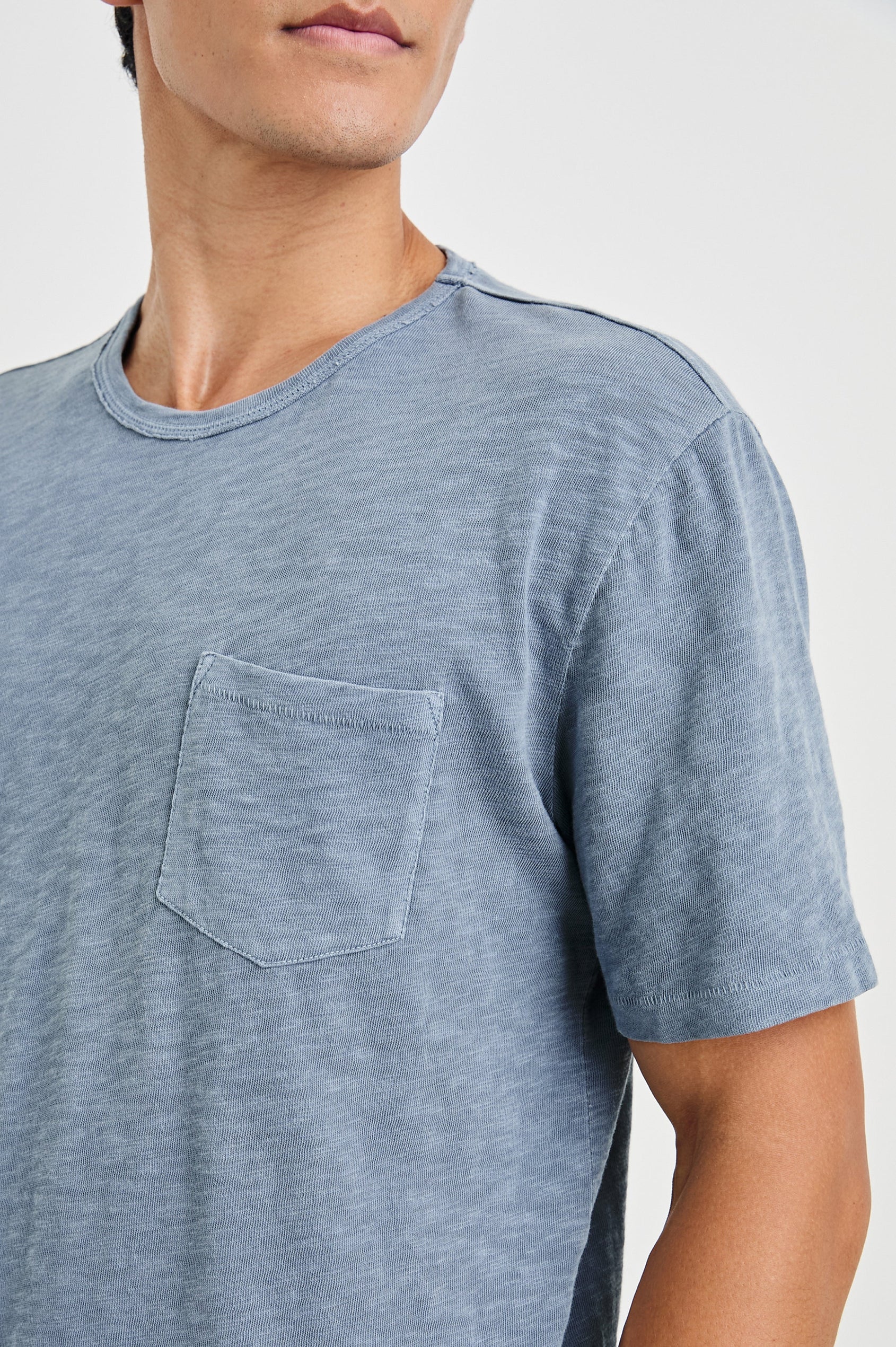 Skipper Short-Sleeve T-shirt with a Crew Neck and a Chest Patch Pocket in Steel Colorway - Front View Featured on Model
