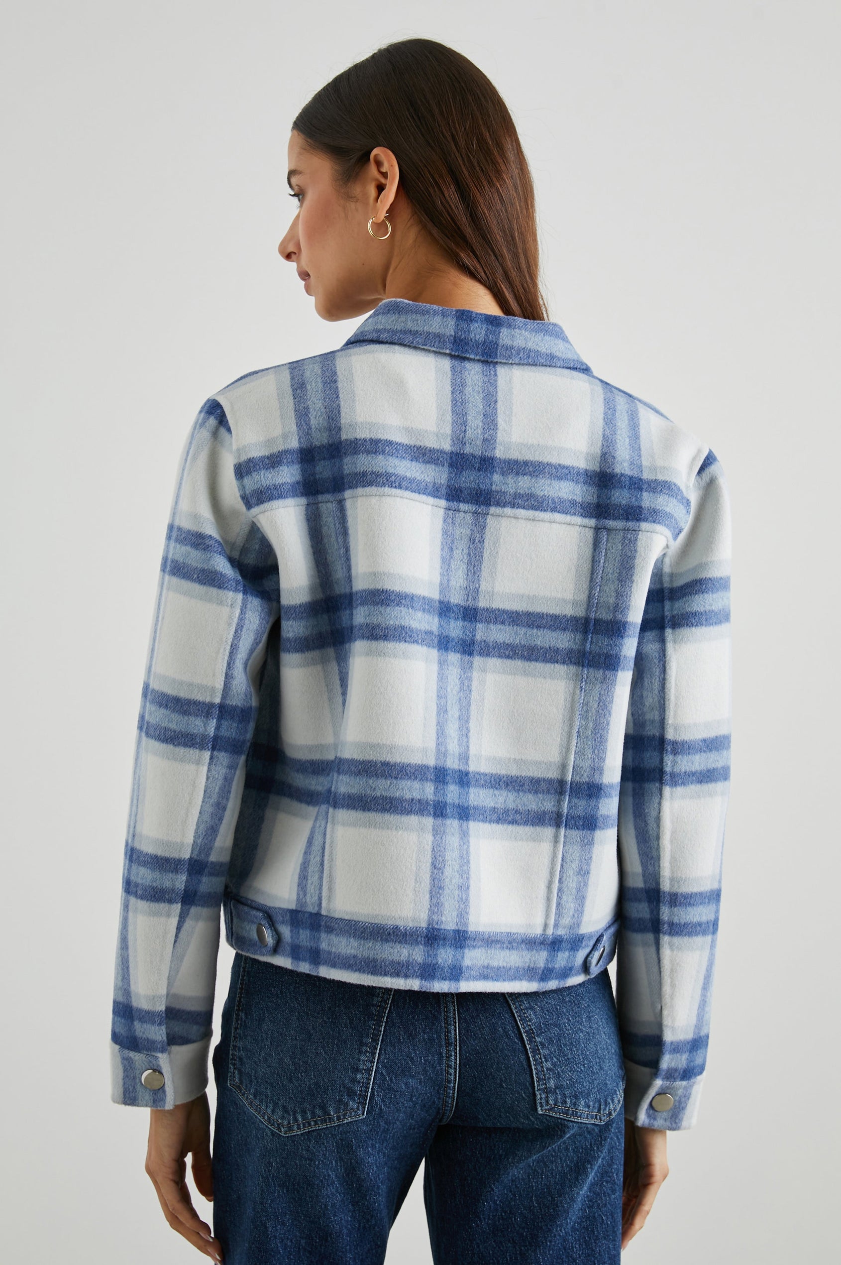 Steffi Jacket with Snap Closure, Snap Cuffs and Two Chest Snap Flap Pockets in Ivory Bay Colorway, an Ivory and Blue Plaid - Back View Featured on Model