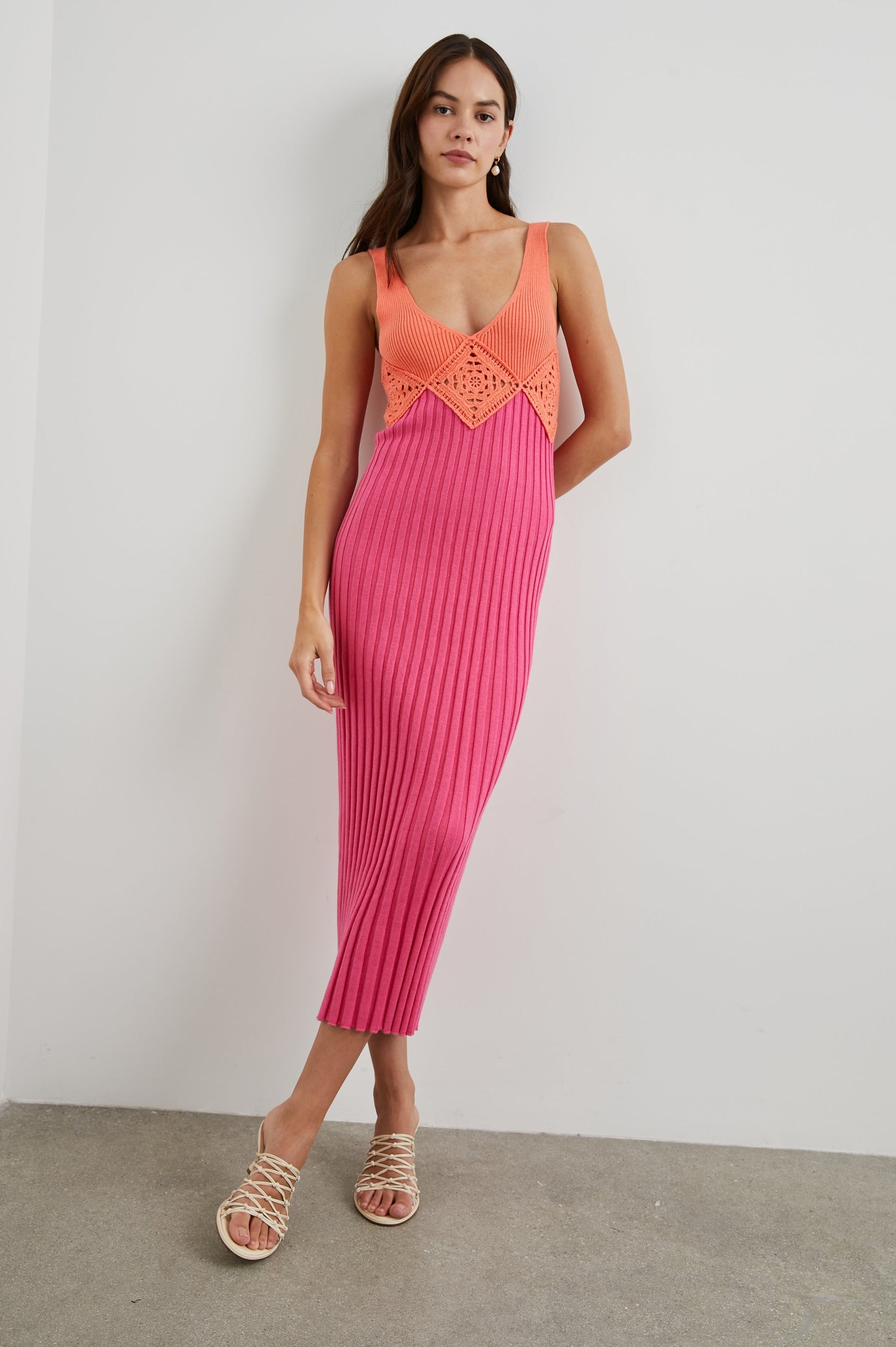 Taryn Sleeveless Ribbed Midi Dress with Shoulder Straps, a Deep Scoop Neck, and Crochet Details Beneath the Bust in Papaya Colorblock Colorway, with a Papaya Bodice and a Pink Skirt - Front Full Body View Featured on Model