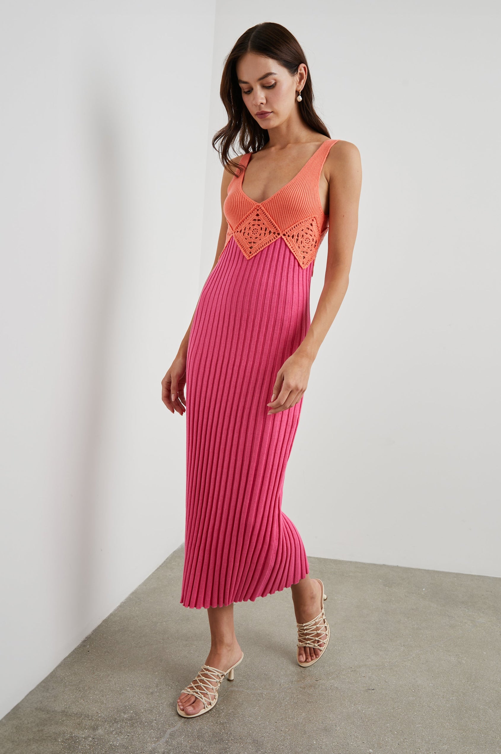 Taryn Sleeveless Ribbed Midi Dress with Shoulder Straps, a Deep Scoop Neck, and Crochet Details Beneath the Bust in Papaya Colorblock Colorway, with a Papaya Bodice and a Pink Skirt - Front Full Body View Featured on Model