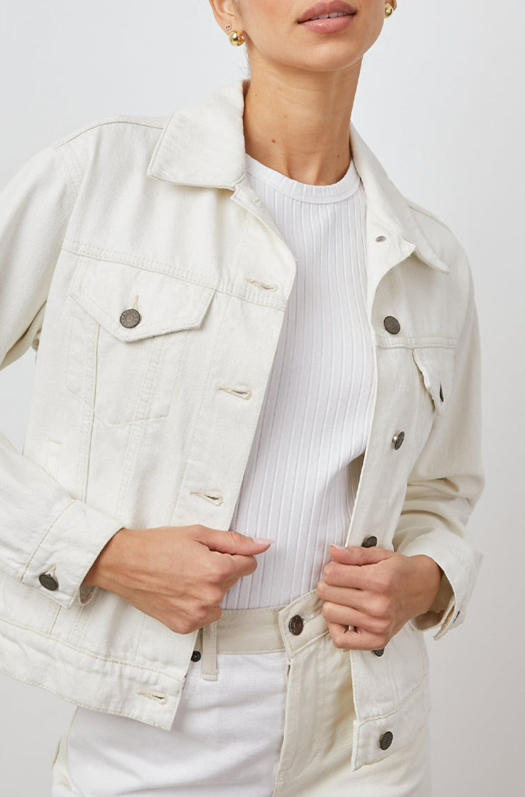 THE MULLHOLLAND DENIM JACKET IN ECRU - FRONT IN MOTION