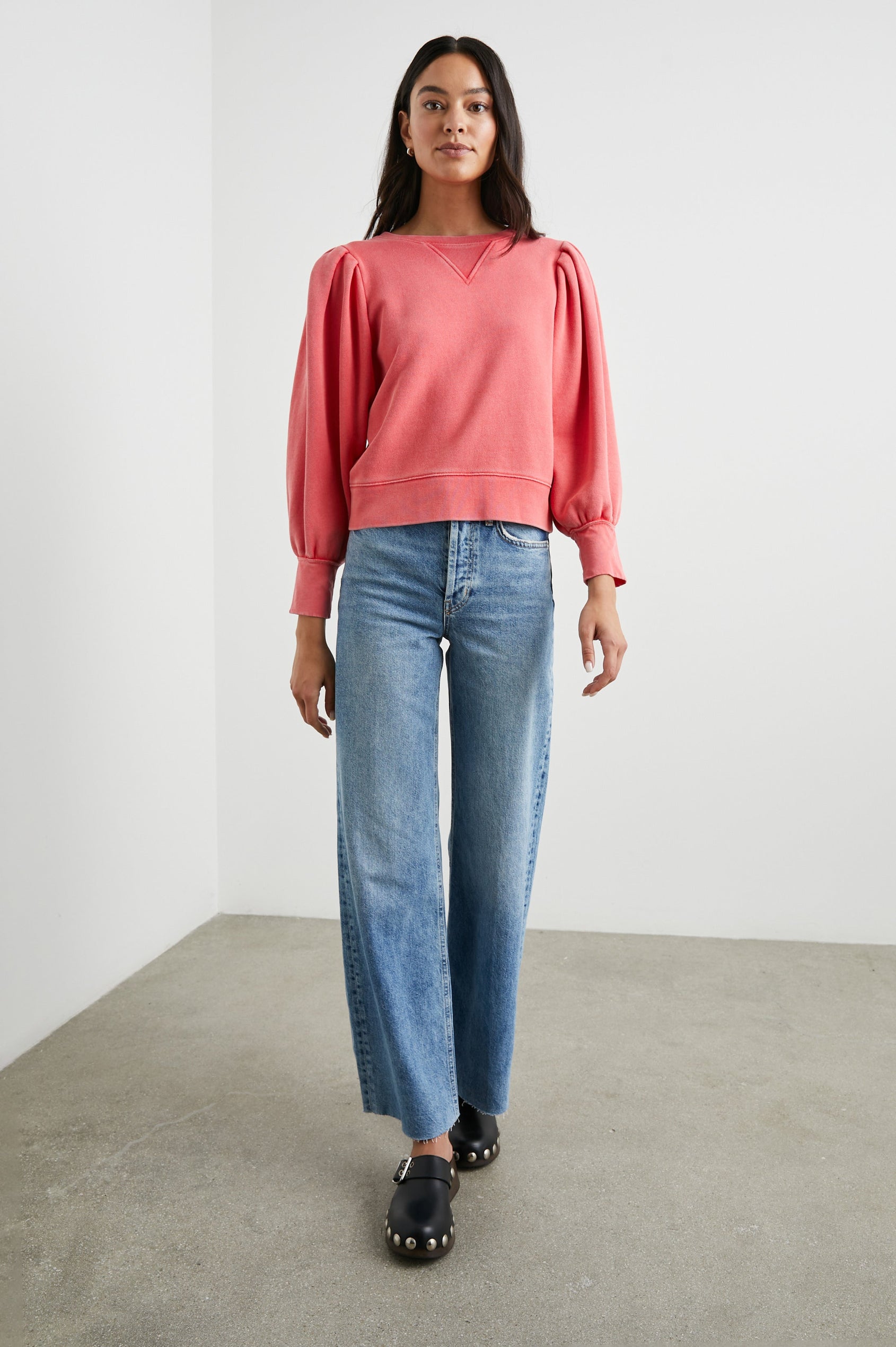 Tiffany Long-Sleeve Sweatshirt with a Crew Neck and Deep Pleated Sleeves in Cherry Colorway - Front Full Body View Featured on Model