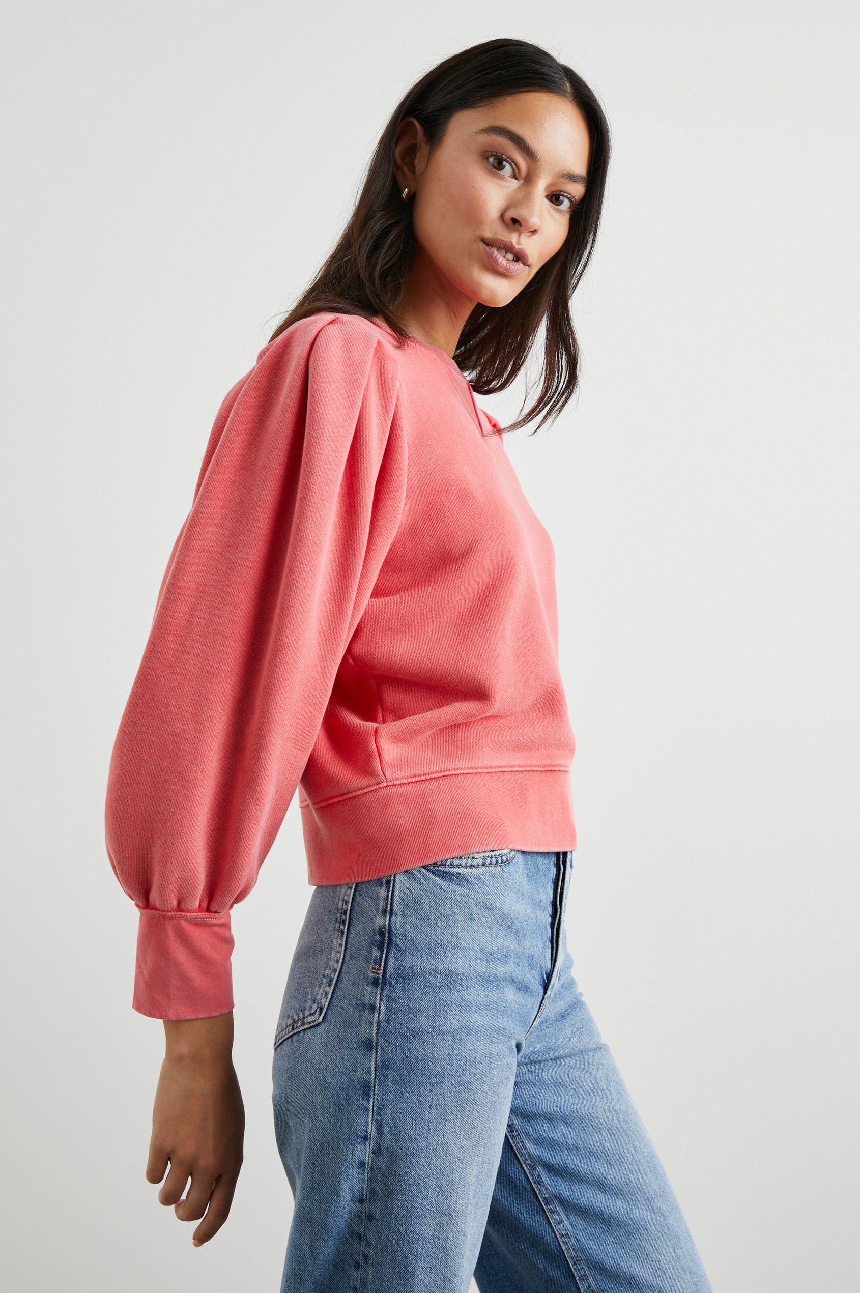 Tiffany Long-Sleeve Sweatshirt with a Crew Neck and Deep Pleated Sleeves in Cherry Colorway - Front View Featured on Model
