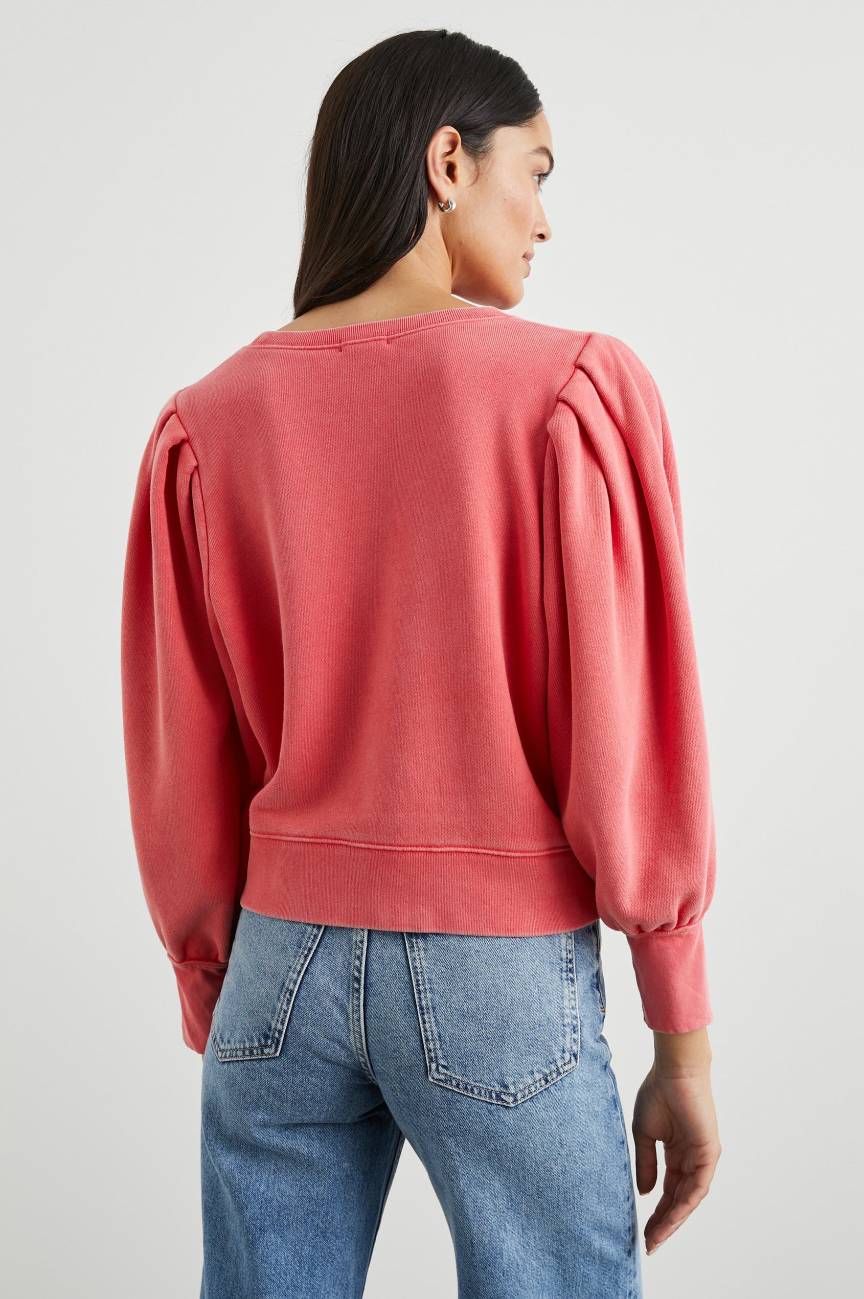 Tiffany Long-Sleeve Sweatshirt with a Crew Neck and Deep Pleated Sleeves in Cherry Colorway - Back View Featured on Model