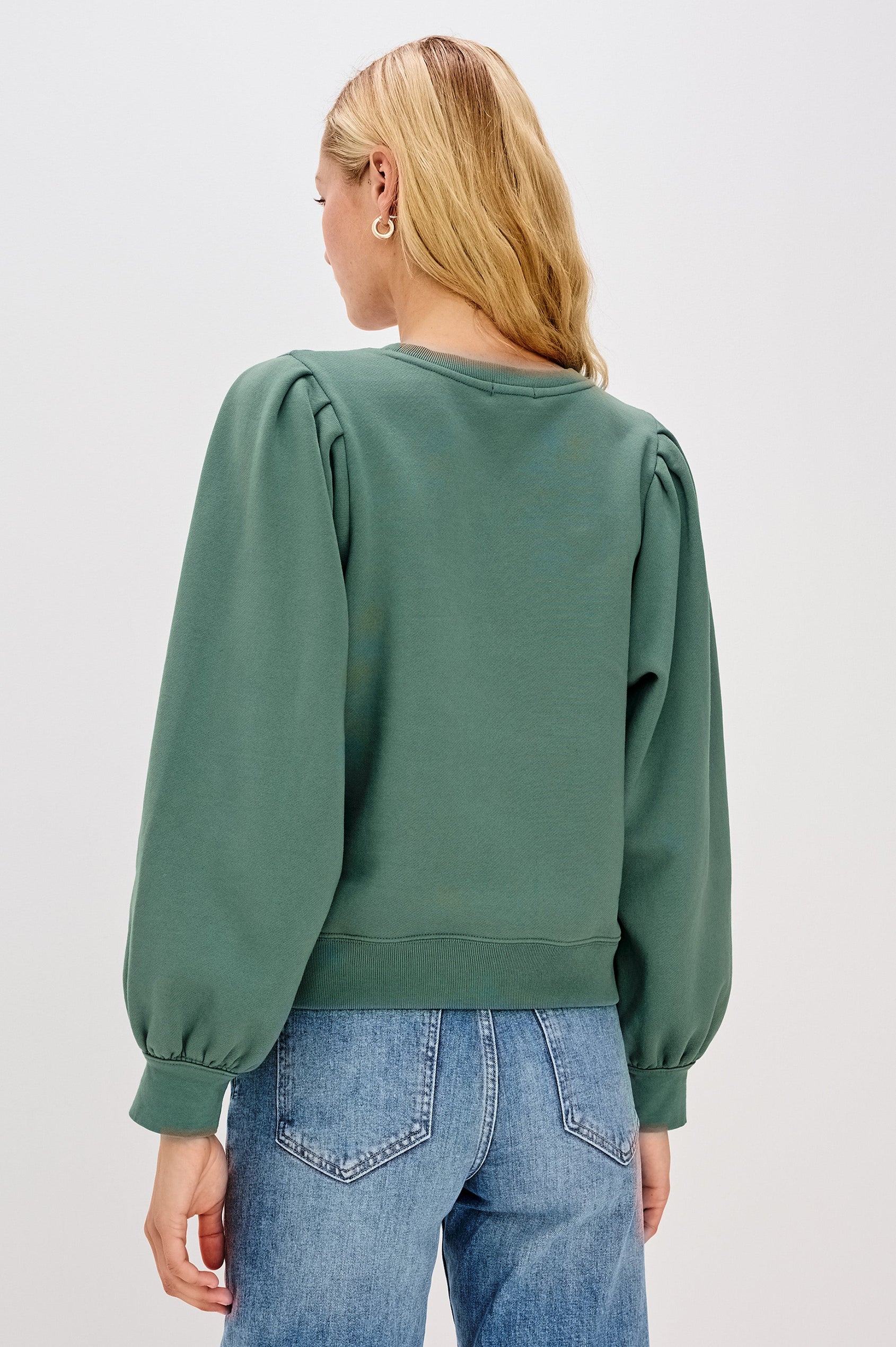 Tiffany Long-Sleeve Sweatshirt with a Crew Neck and Deep Pleated Sleeves in Lake Colorway - Back View Featured on Model
